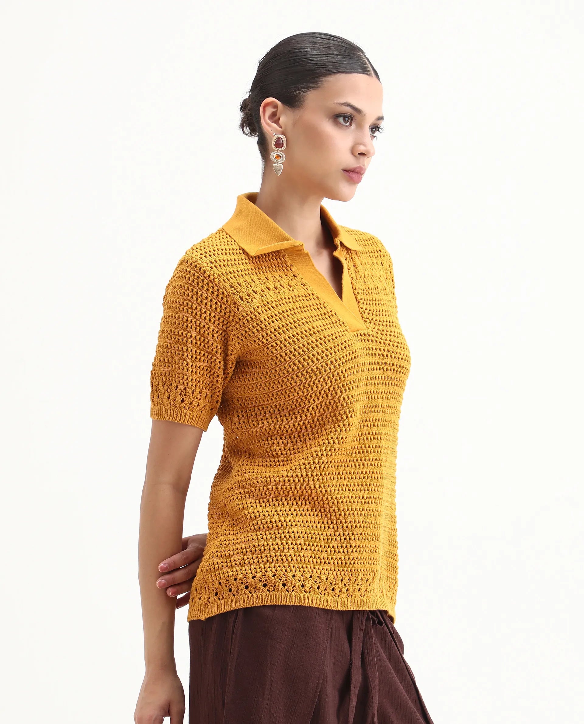 Rareism Women's Jantuda Dusky Mustard Cotton Johnny Collar Plain Relaxed Fit Top