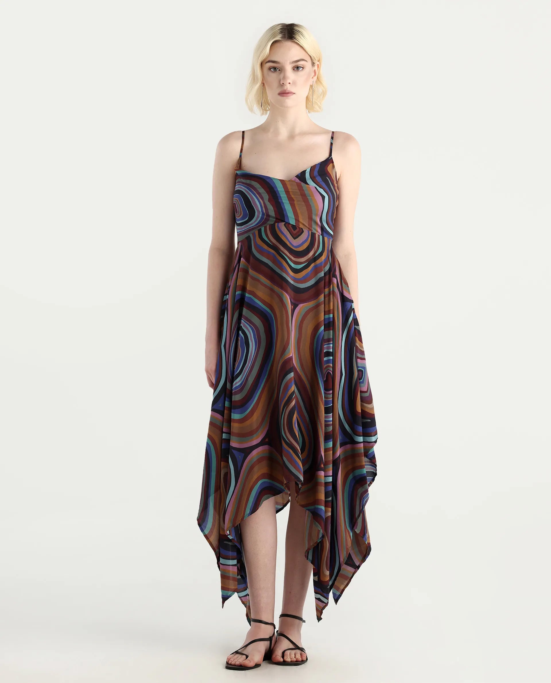 Rareism Women's Janudya Dark Multi Viscose Cowl Neck Abstract Print Sleeveless Maxi Fit And Flare Dress