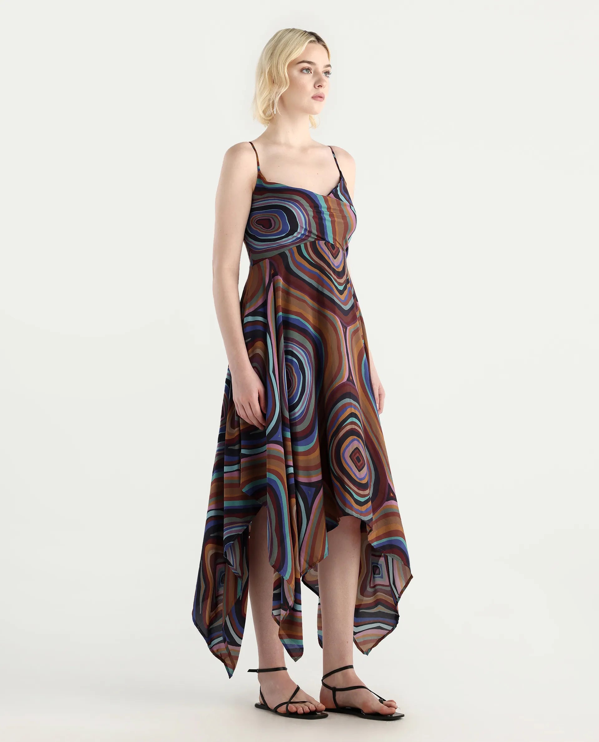 Rareism Women's Janudya Dark Multi Viscose Cowl Neck Abstract Print Sleeveless Maxi Fit And Flare Dress