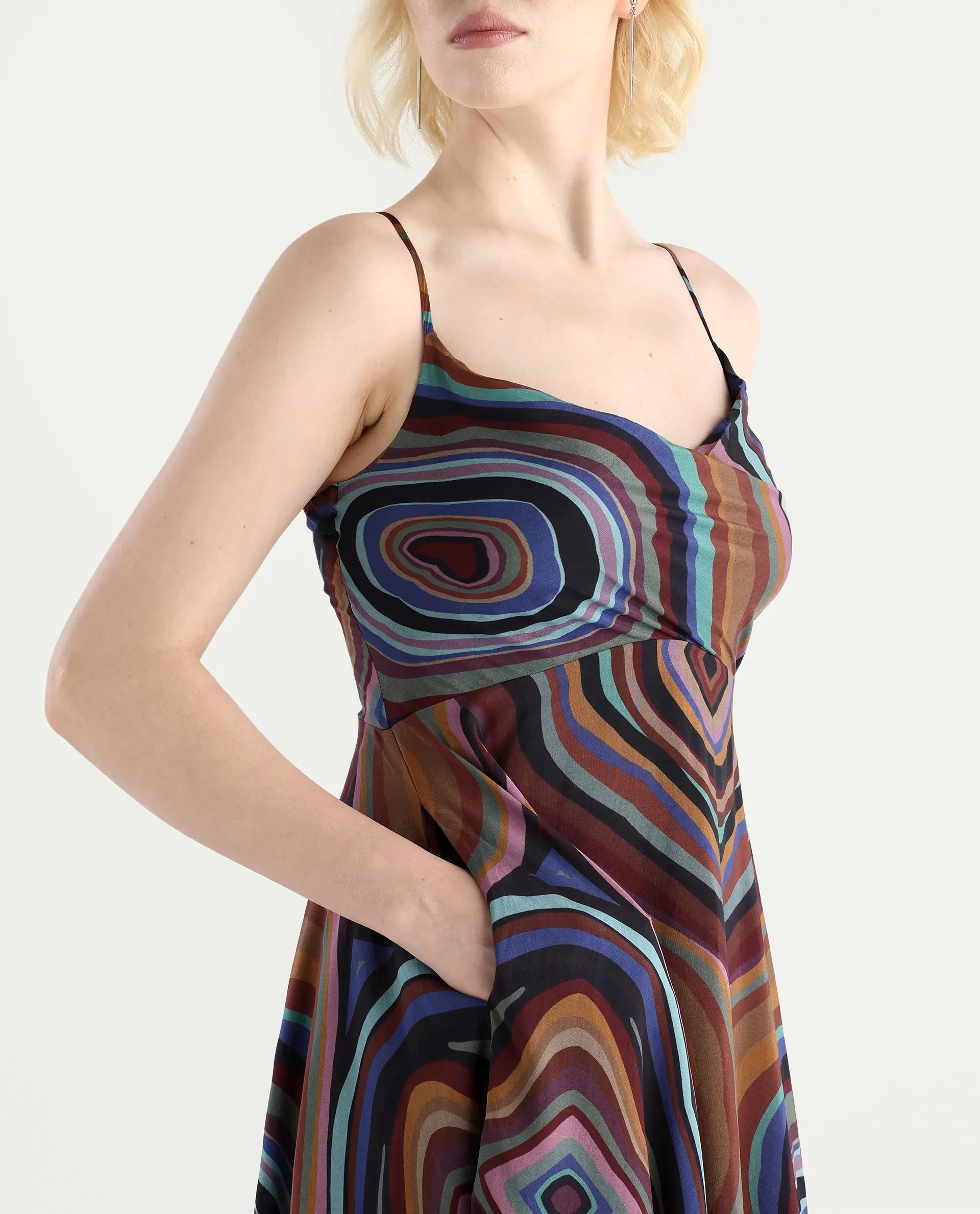 Rareism Women's Janudya Dark Multi Viscose Cowl Neck Abstract Print Sleeveless Maxi Fit And Flare Dress