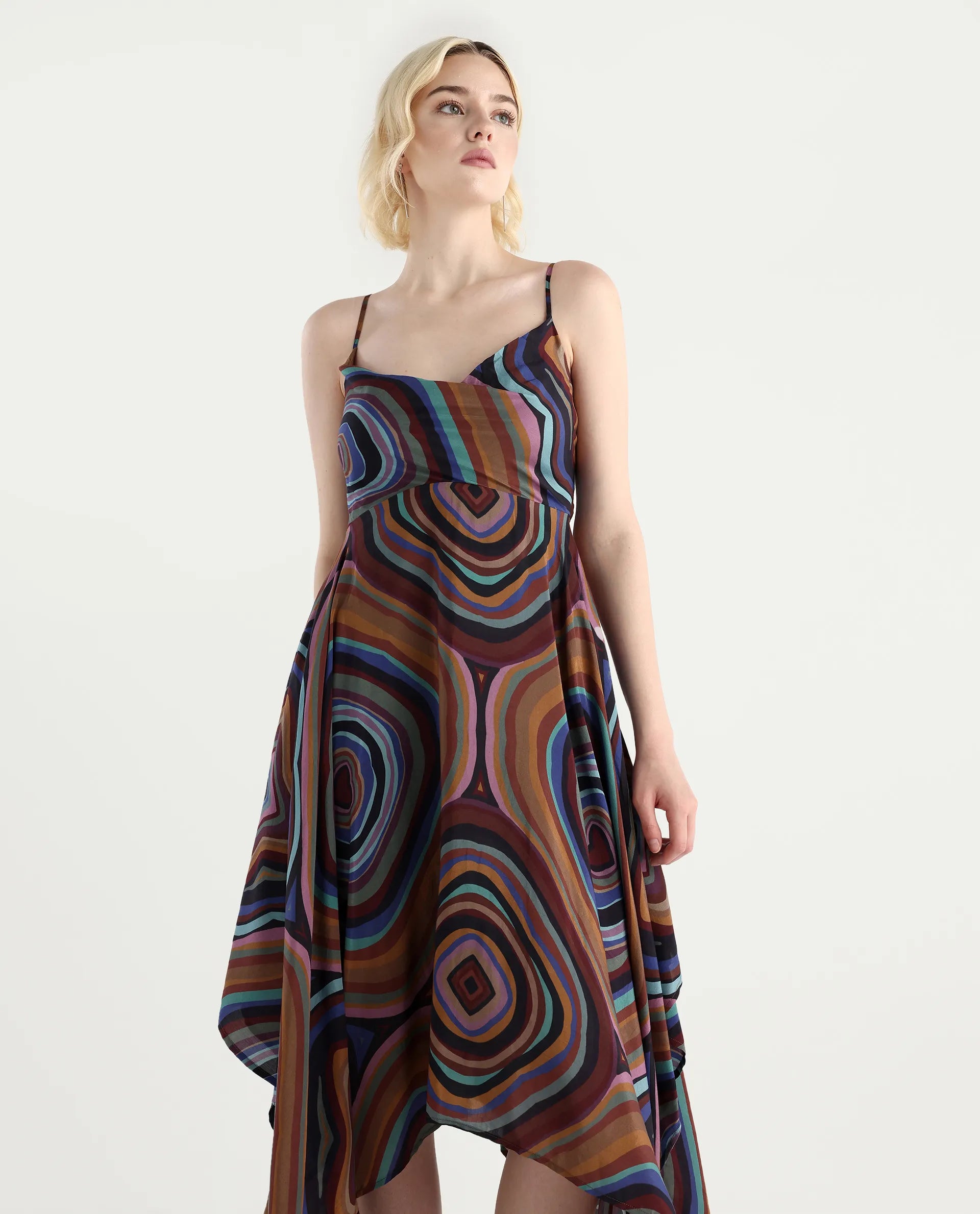 Rareism Women's Janudya Dark Multi Viscose Cowl Neck Abstract Print Sleeveless Maxi Fit And Flare Dress