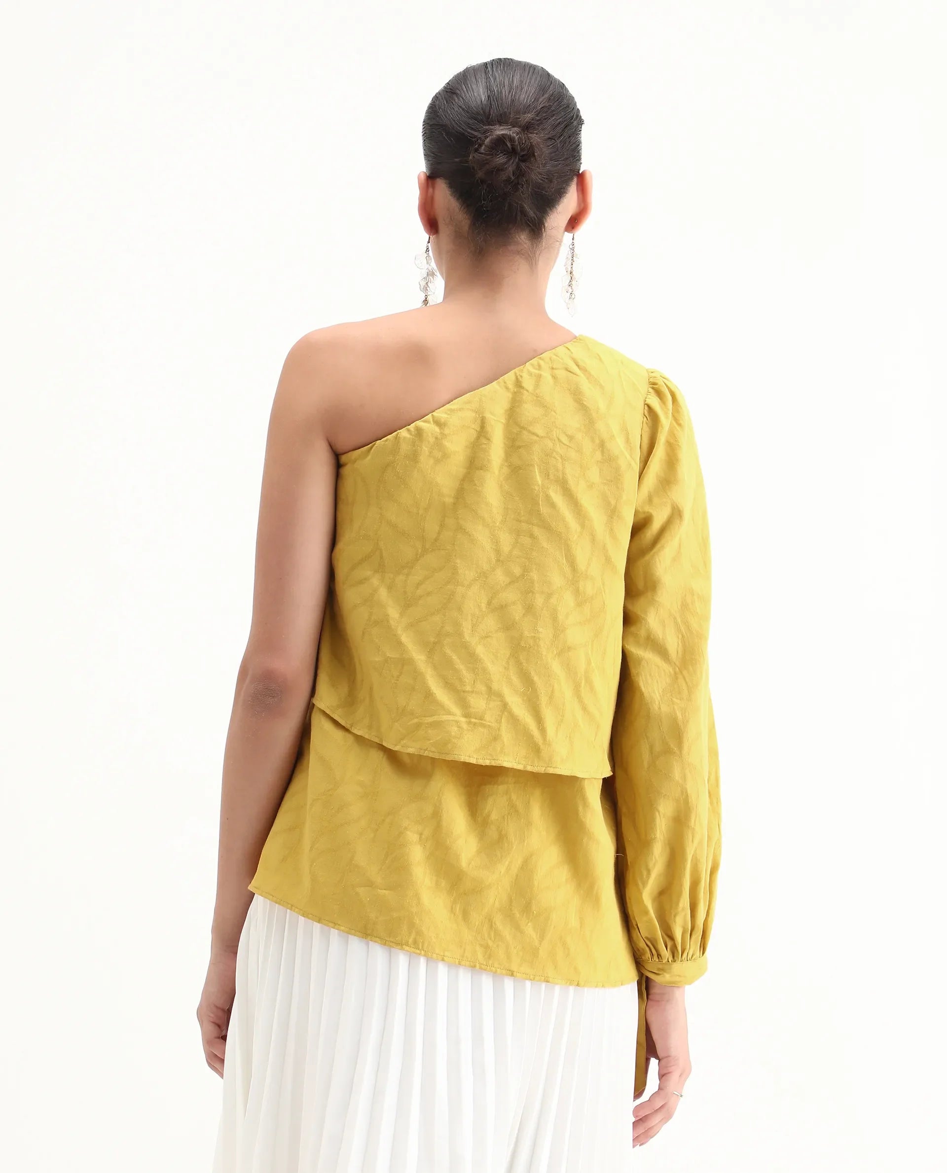 Rareism Women's Janvipi Mustard Cotton One Shoulder Plain Relaxed Fit Top