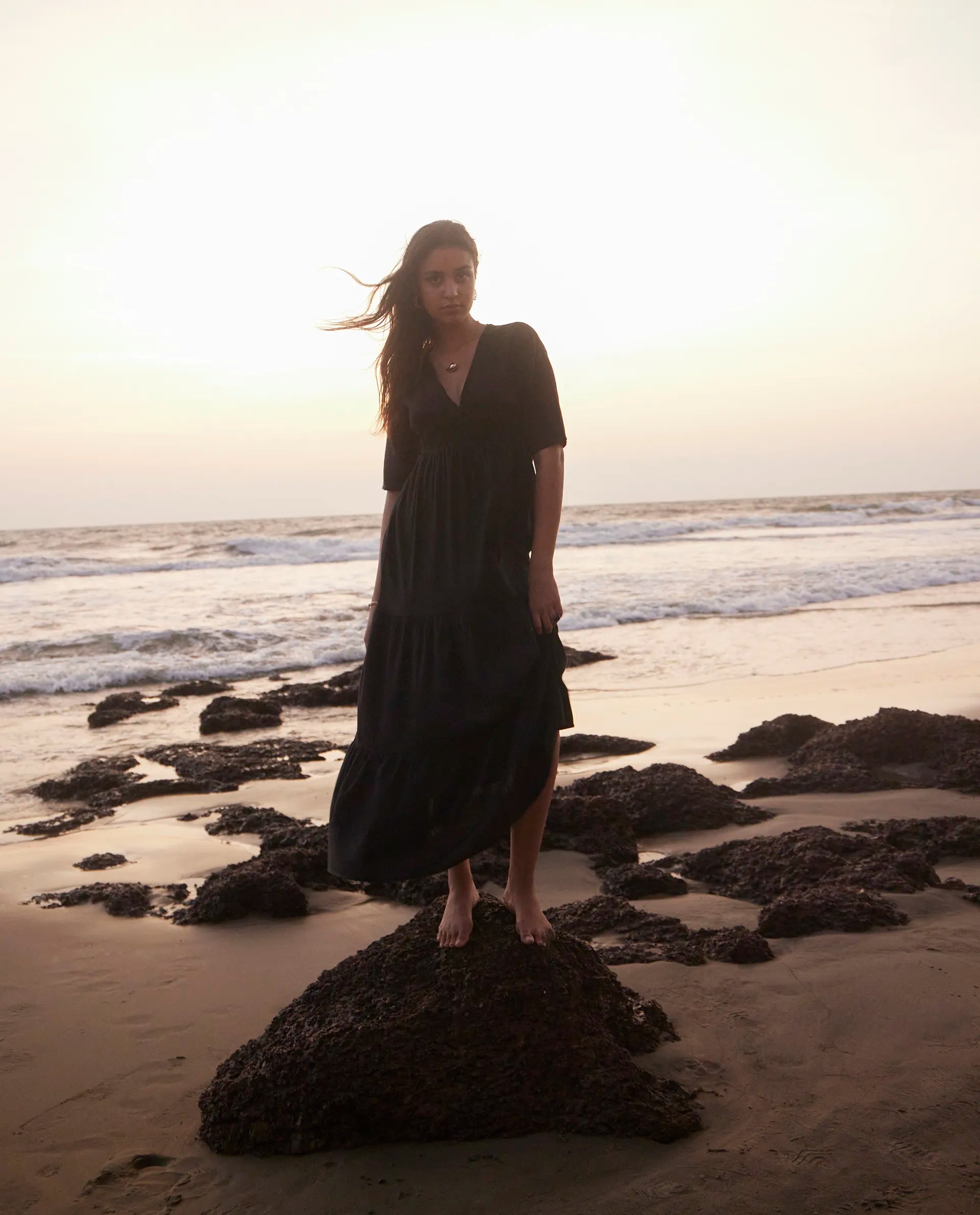 Rareism Women's Janyaka Black Linen V-Neck Plain Maxi Fit And Flare Dress