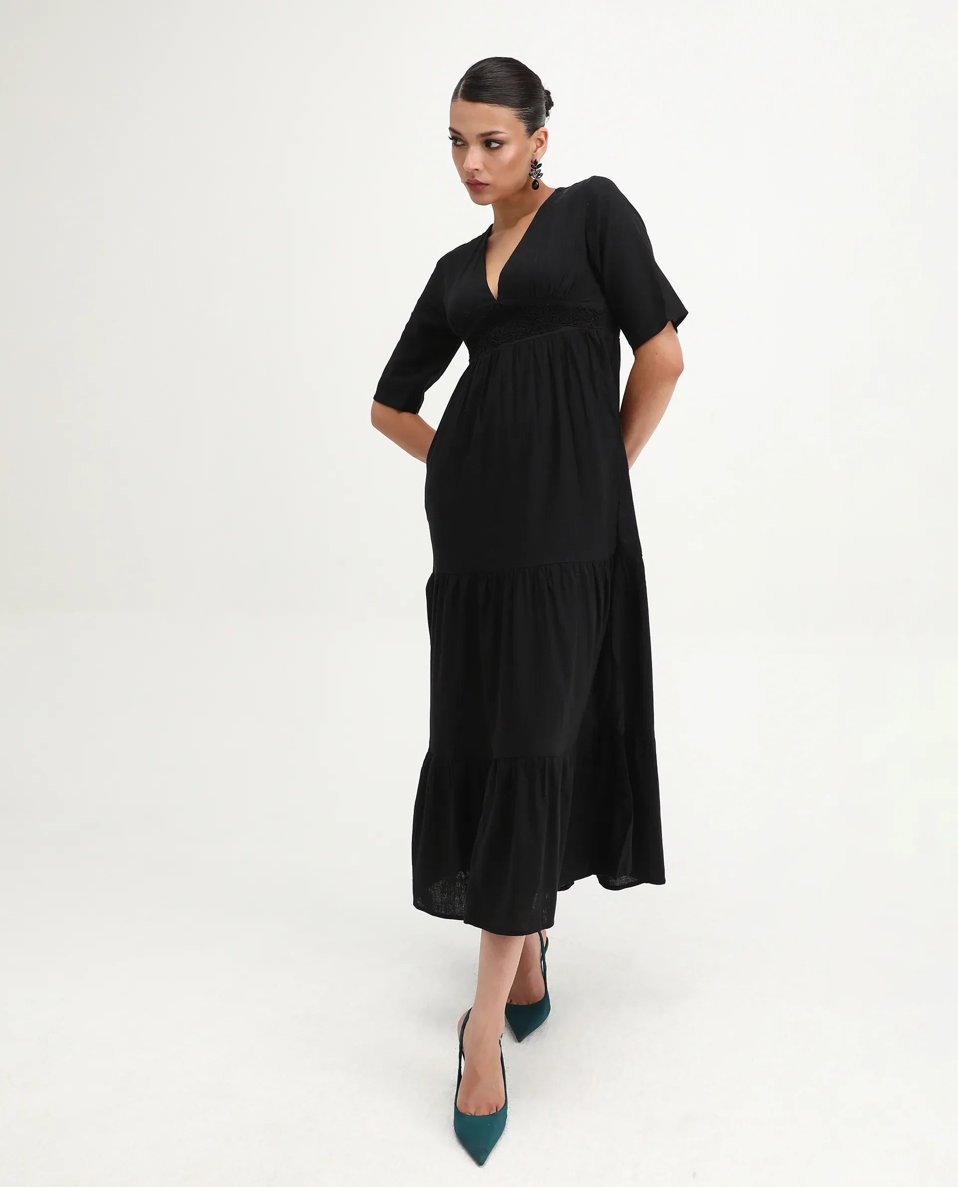 Rareism Women's Janyaka Black Viscose Blend V-Neck Plain Maxi Fit And Flare Dress