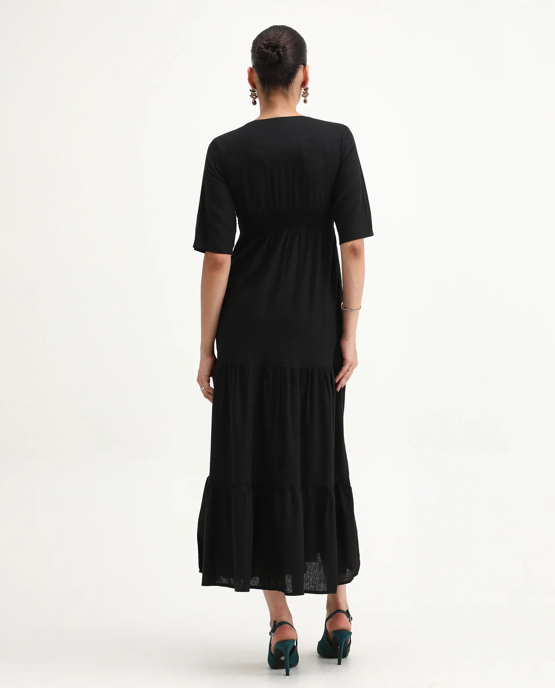 Rareism Women's Janyaka Black Linen V-Neck Plain Maxi Fit And Flare Dress