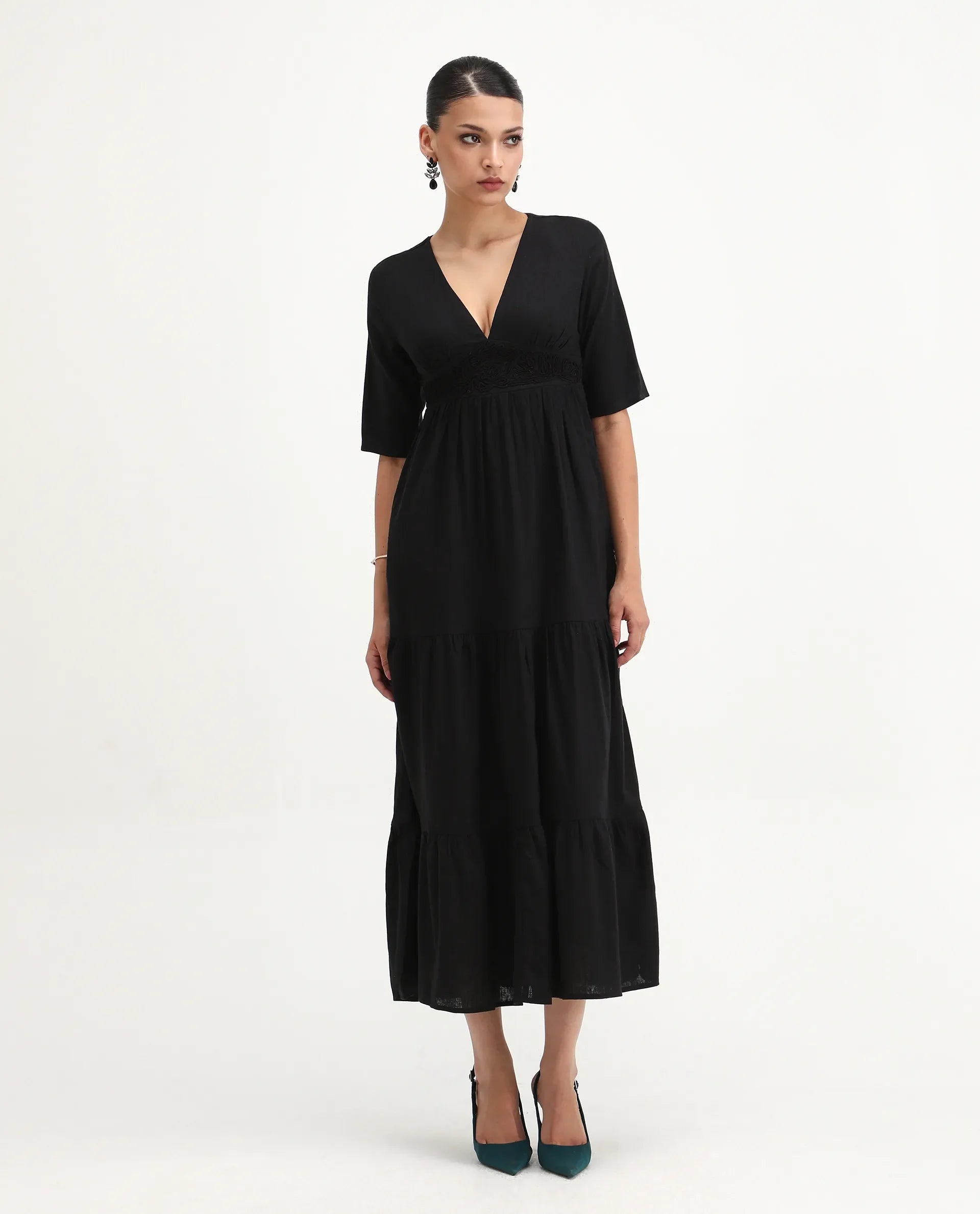Rareism Women's Janyaka Black Viscose Blend V-Neck Plain Maxi Fit And Flare Dress