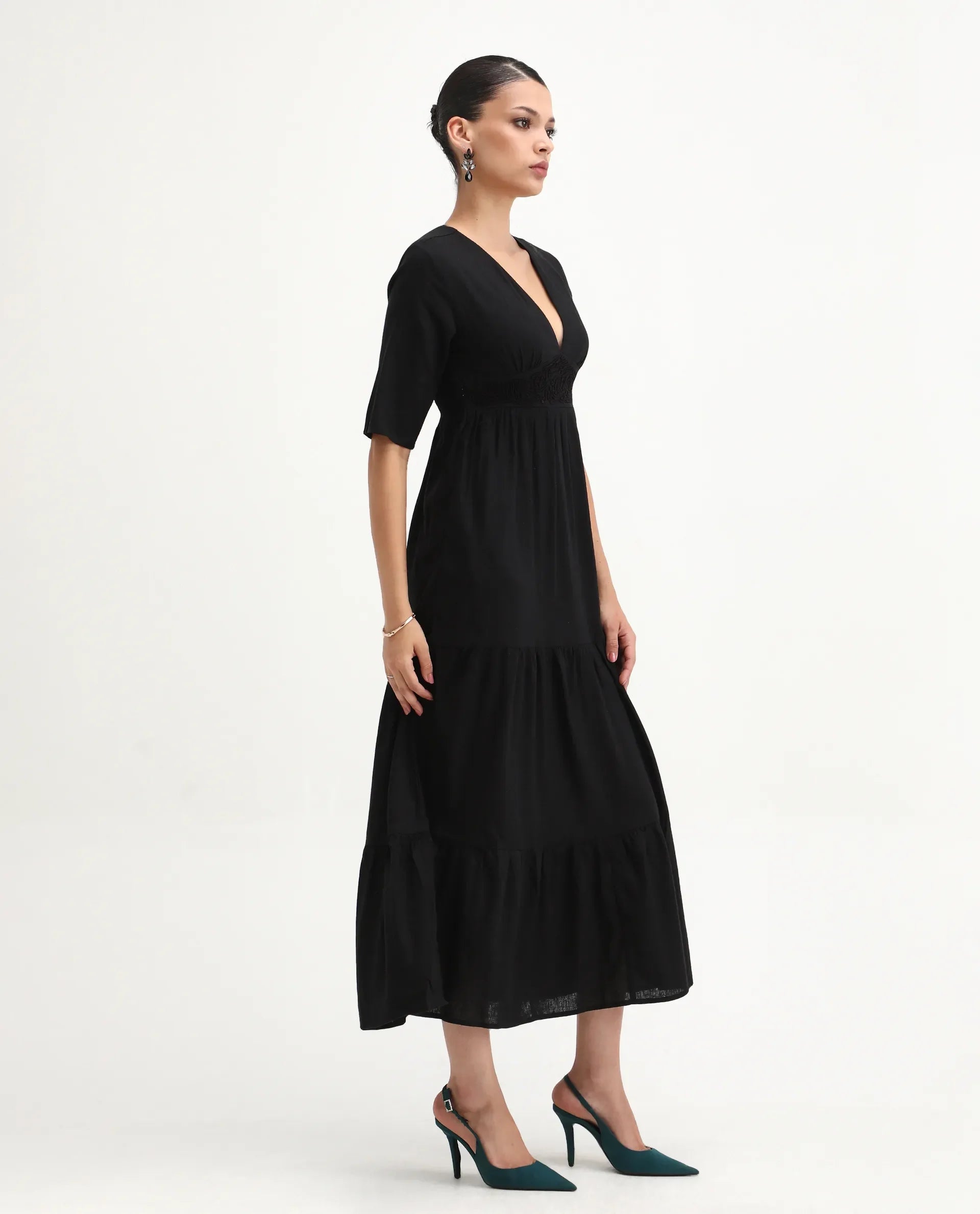 Rareism Women's Janyaka Black Linen V-Neck Plain Maxi Fit And Flare Dress