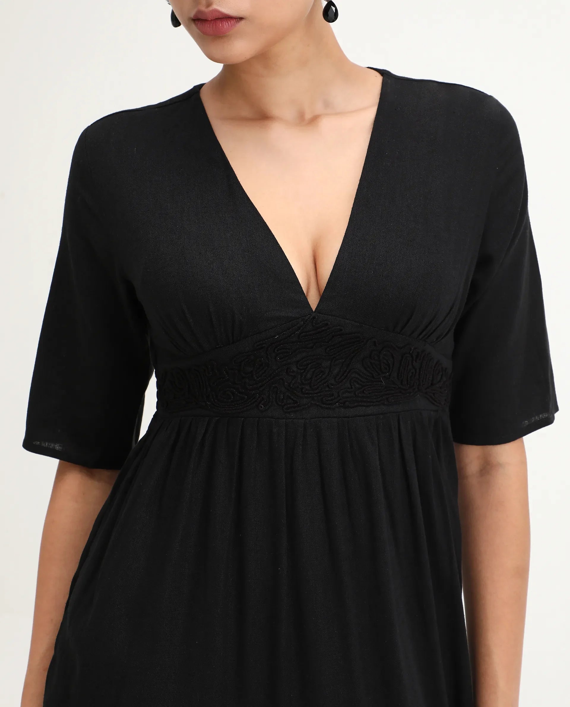 Rareism Women's Janyaka Black Linen V-Neck Plain Maxi Fit And Flare Dress