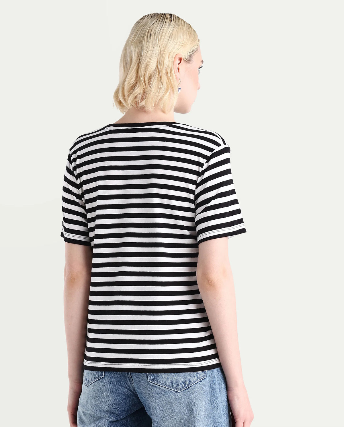 Rareism Women's Janyan Off White Cotton Blend V-Neck Striped Regular Fit T-Shirt