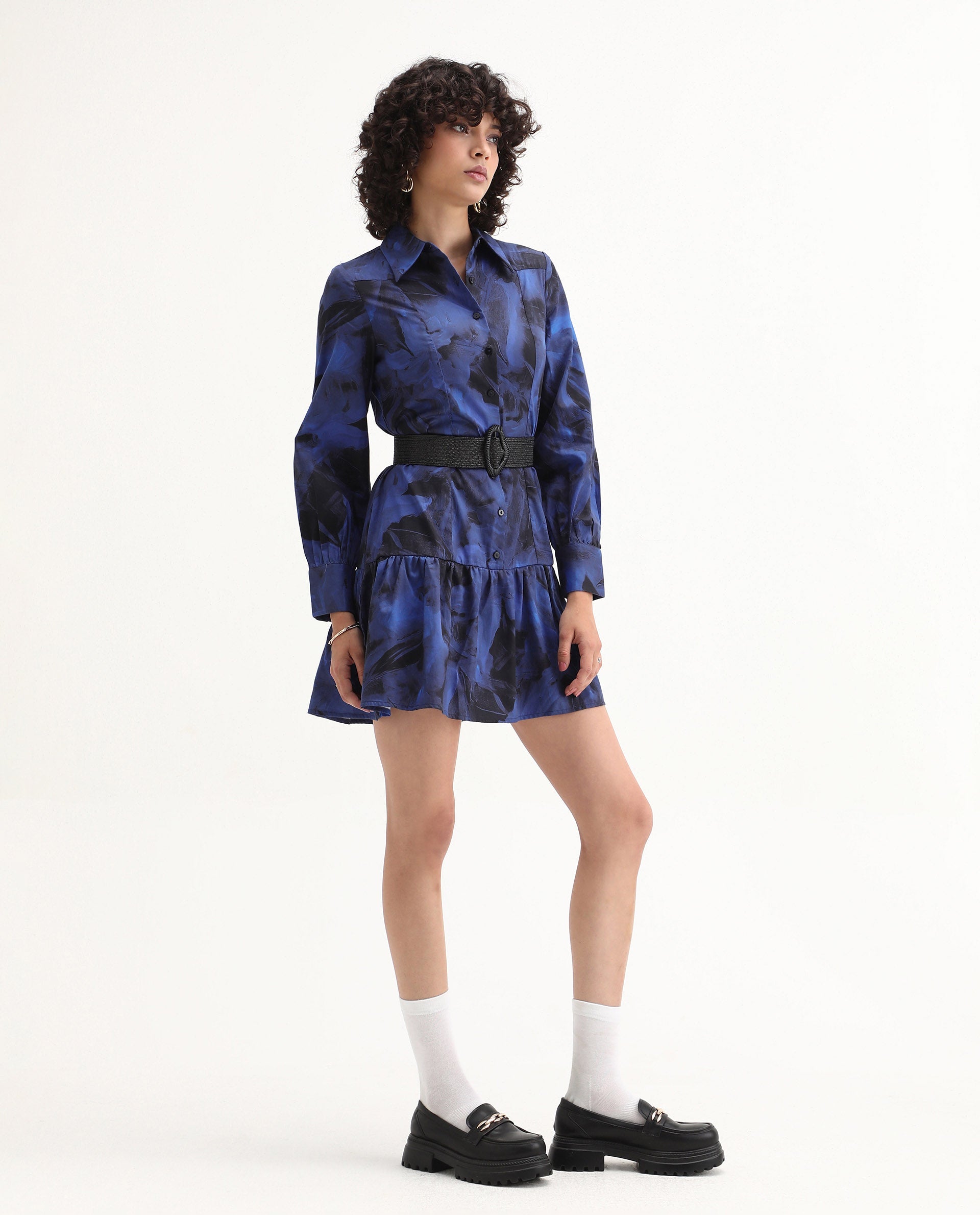 Rareism Women's Janyulu Dark Blue Cotton Spread Collar Floral Print Cuffed Sleeve Mini Fit And Flare Dress