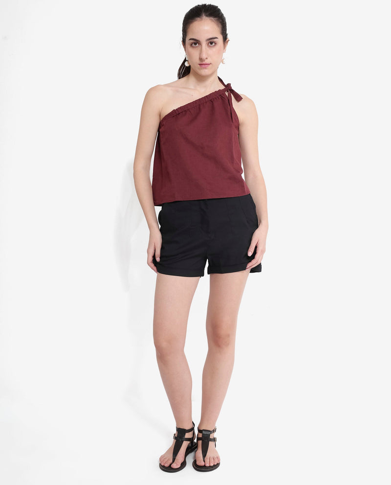 Rareism Women Jarza Maroon One Shoulder Tie Up Plain Cropped Top