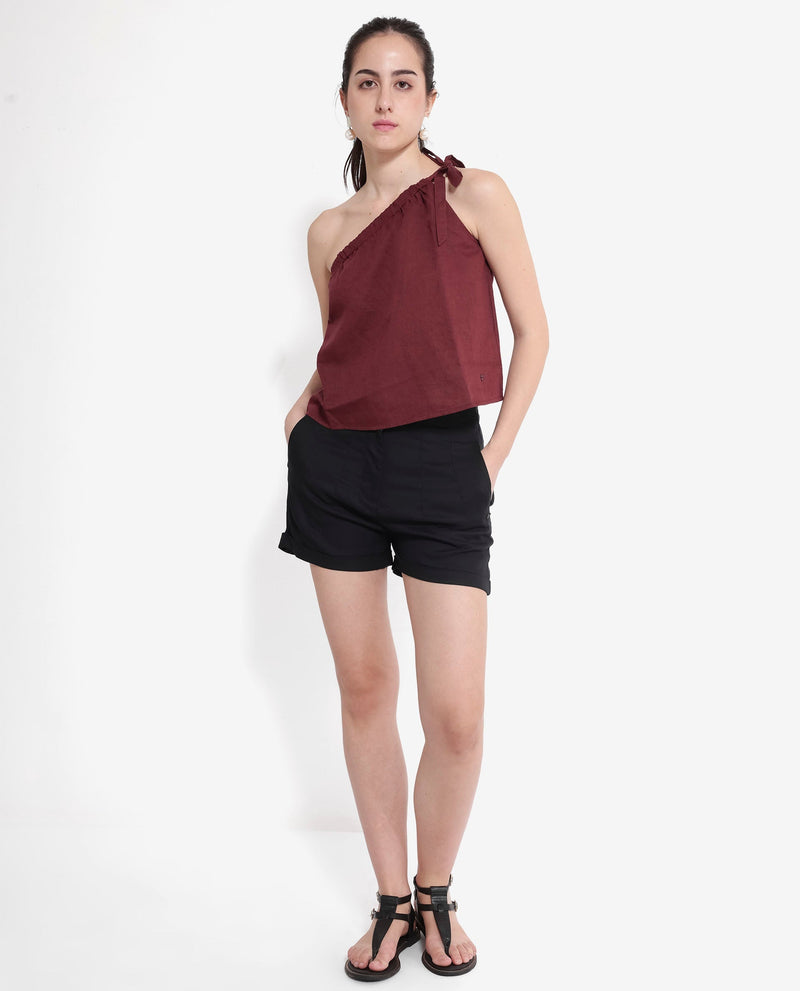 Rareism Women Jarza Maroon One Shoulder Tie Up Plain Cropped Top