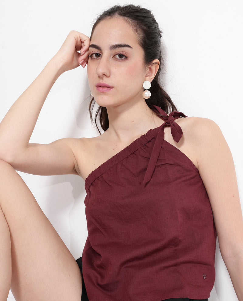 Rareism Women Jarza Maroon One Shoulder Tie Up Plain Cropped Top