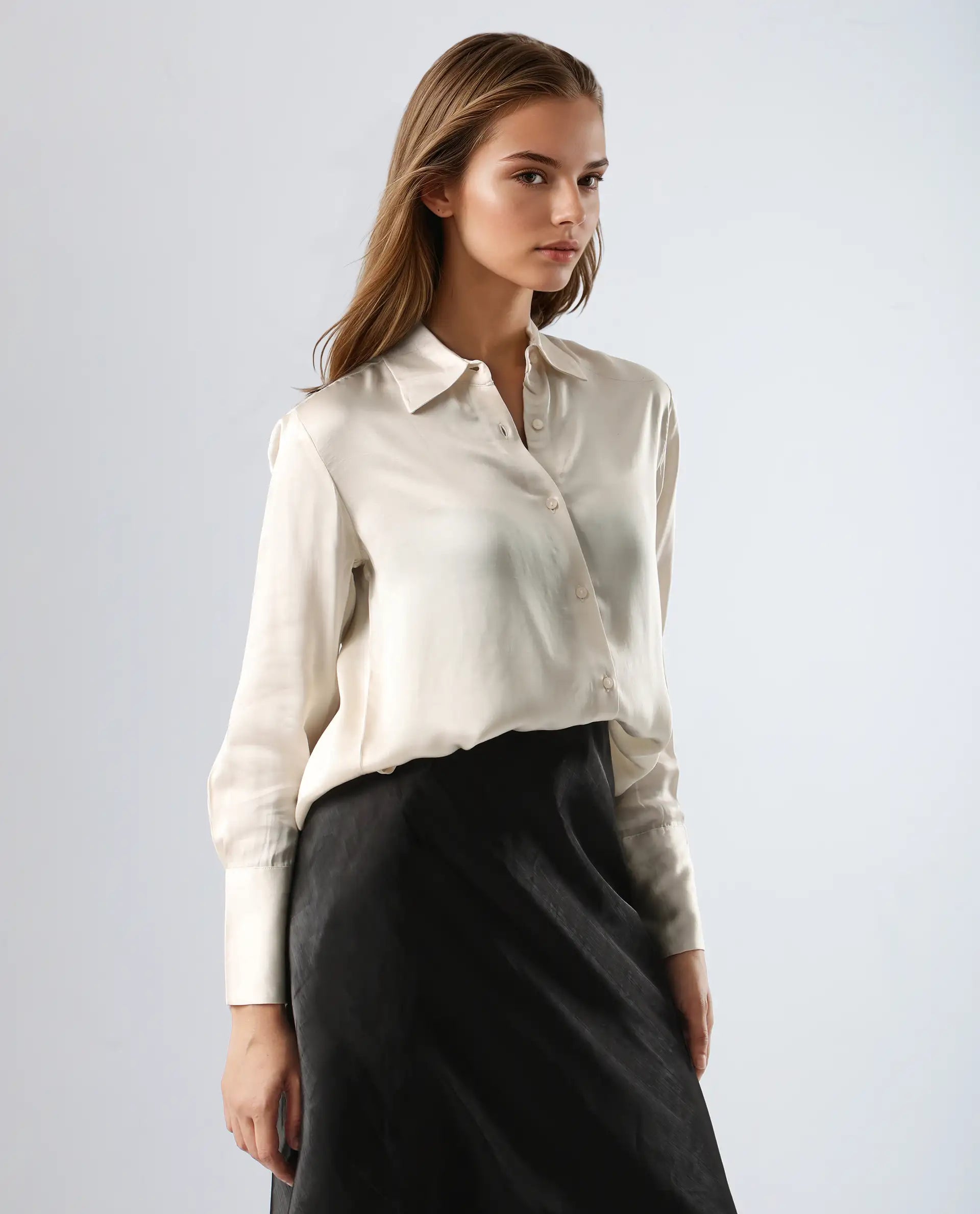 Rareism Women's Jaux Beige Satin Collared Plain Cuffed Sleeve Regular Fit Shirt