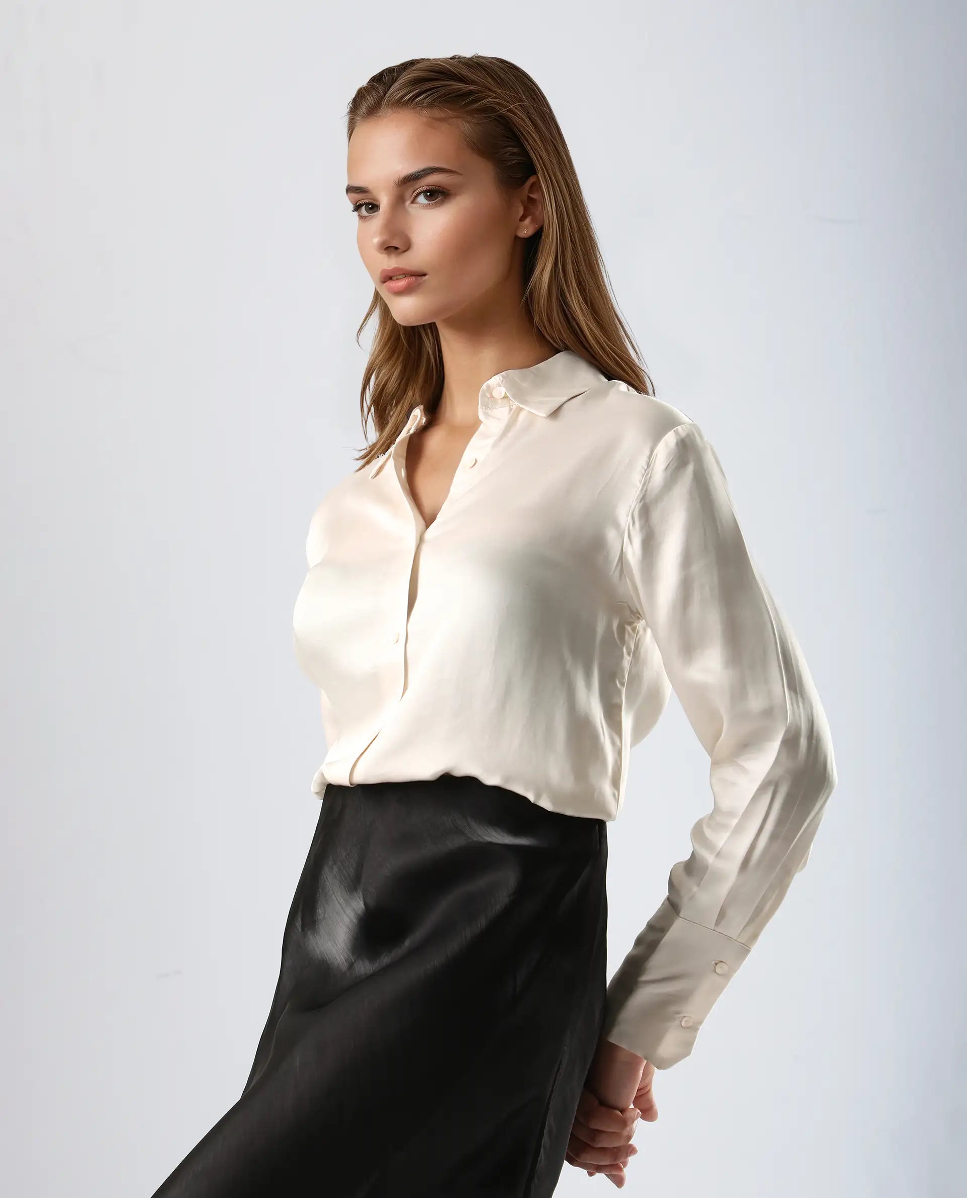 Rareism Women's Jaux Beige Satin Collared Plain Cuffed Sleeve Regular Fit Shirt