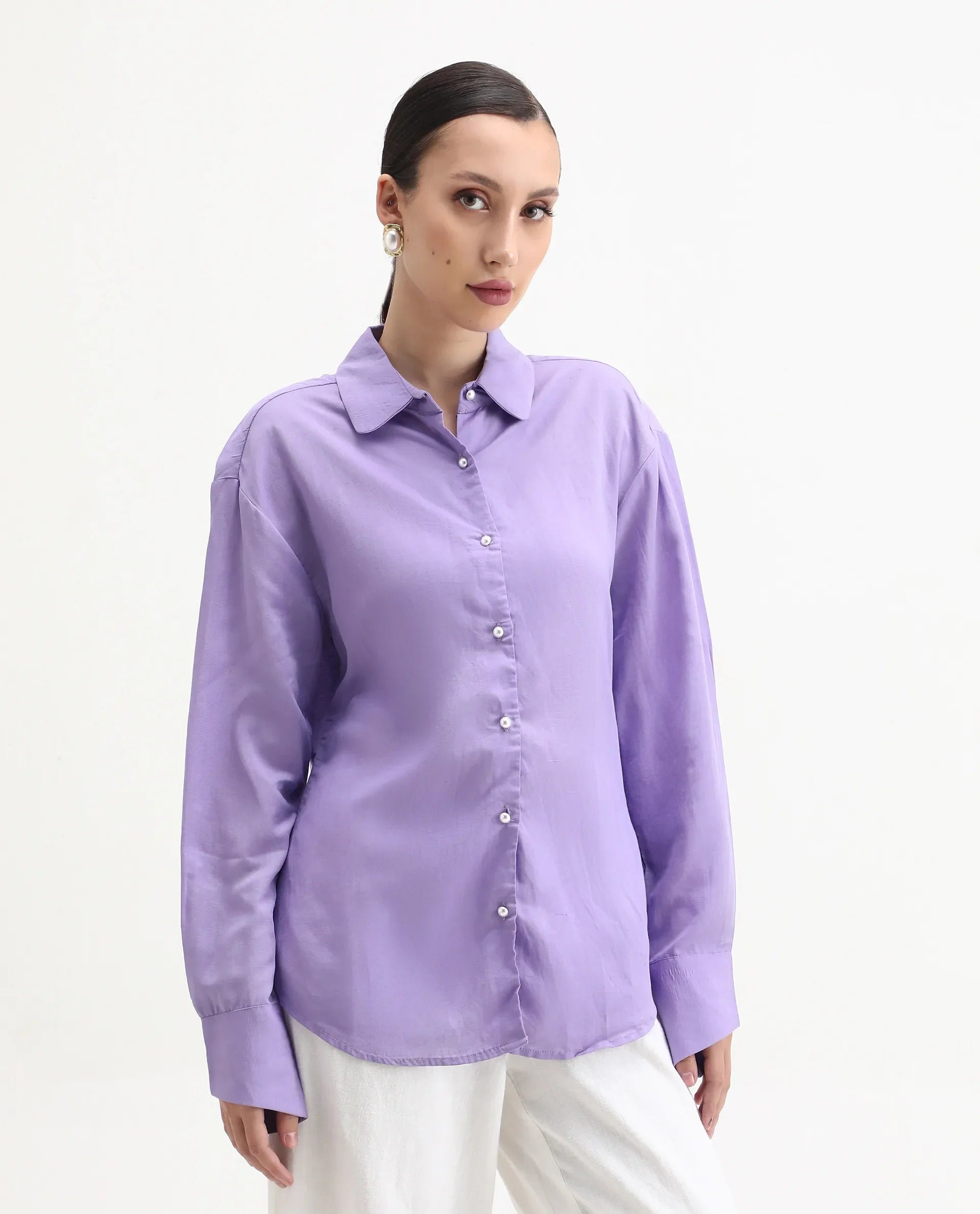 Rareism Women's Jayleen Purple Linen Spread Collar Plain Slim Fit Top
