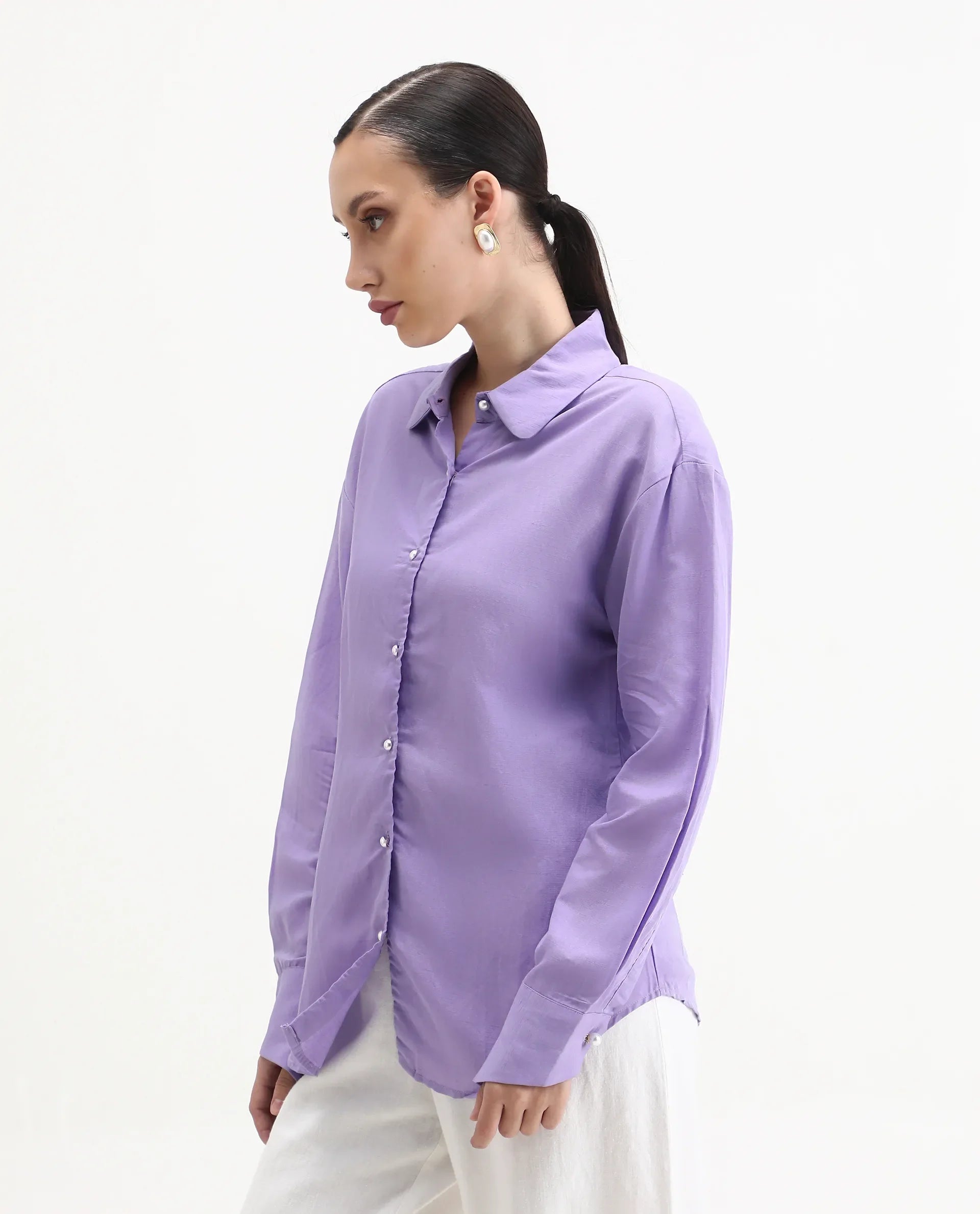Rareism Women's Jayleen Purple Linen Spread Collar Plain Slim Fit Top