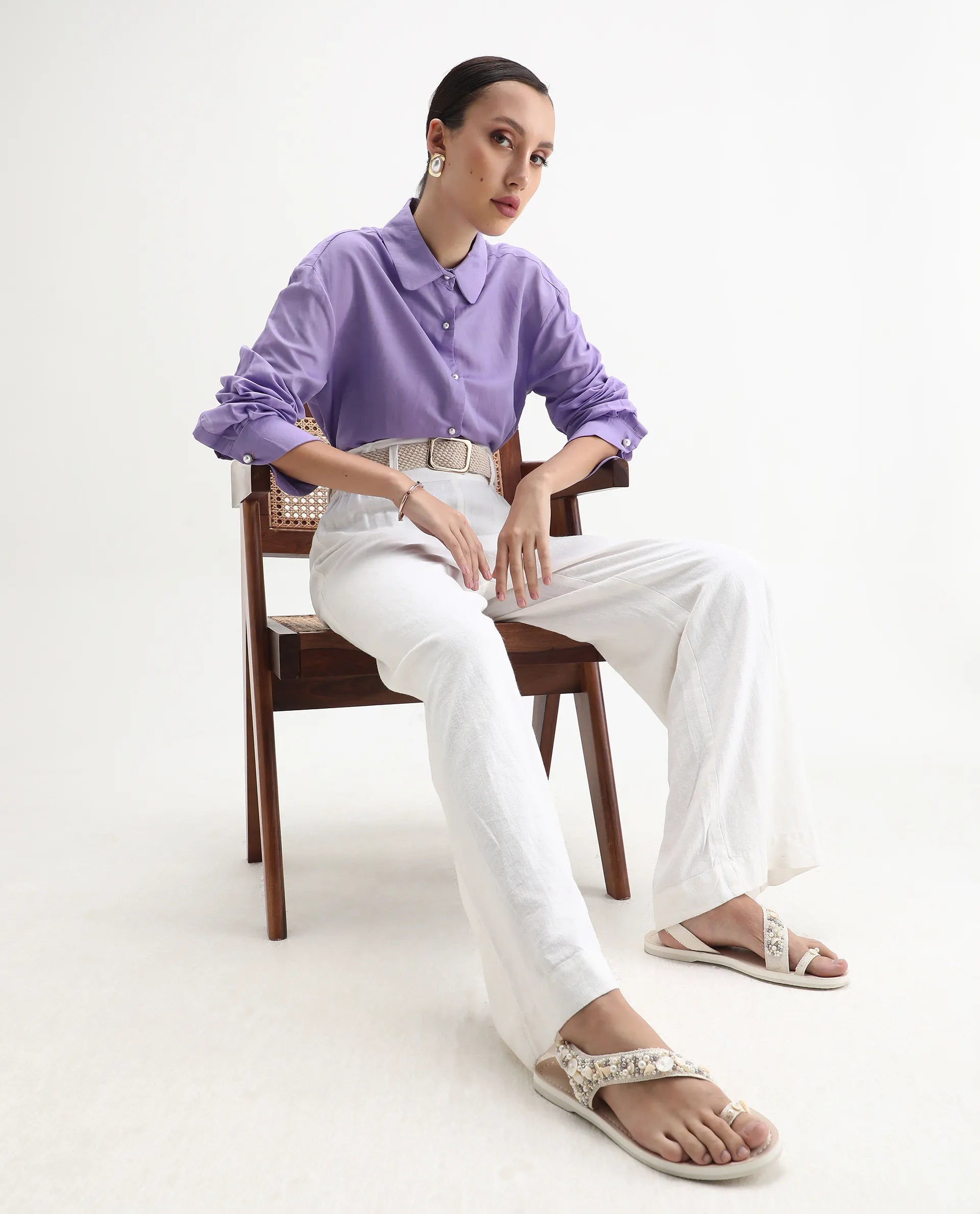 Rareism Women's Jayleen Purple Linen Spread Collar Plain Slim Fit Top