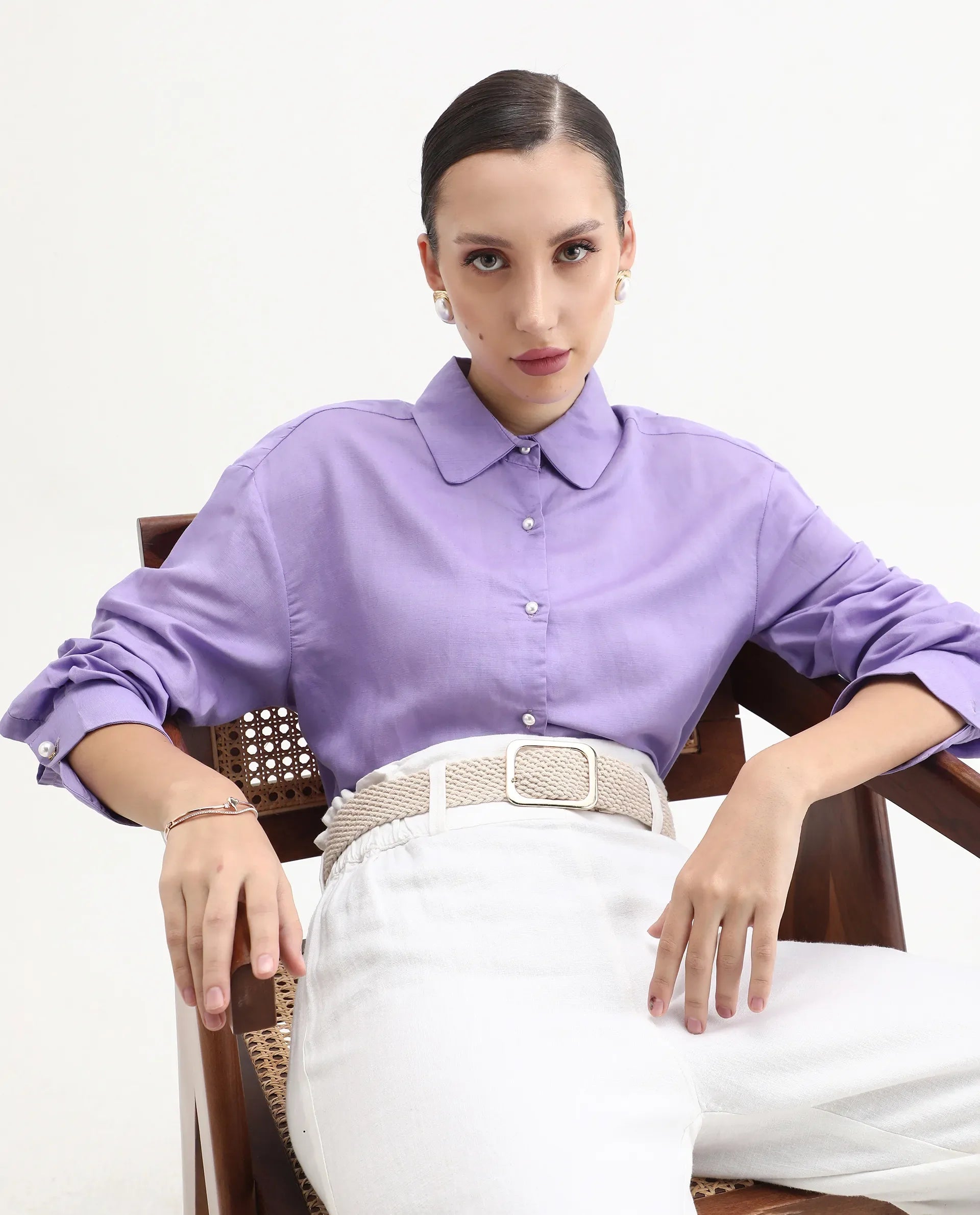 Rareism Women's Jayleen Purple Linen Spread Collar Plain Slim Fit Top