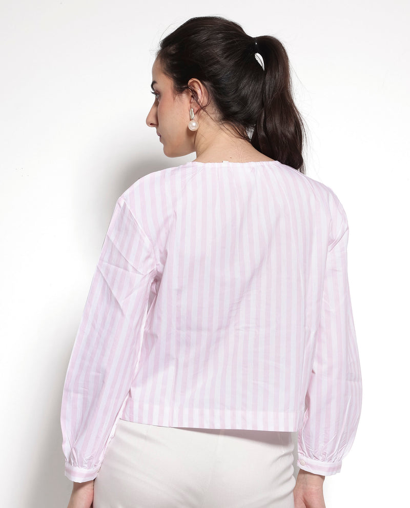 Rareism Women's Jayleon Pink Cuffed Sleeve Round Neck Button Narrow Stripes Top
