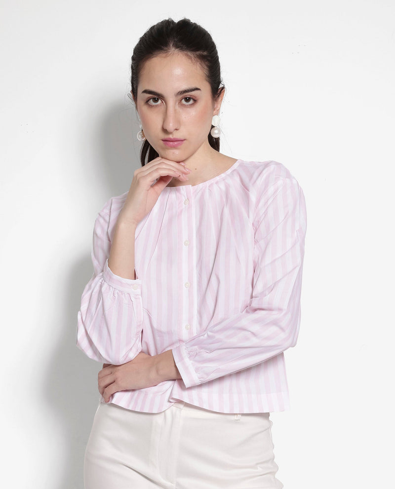 Rareism Women's Jayleon Pink Cuffed Sleeve Round Neck Button Narrow Stripes Top