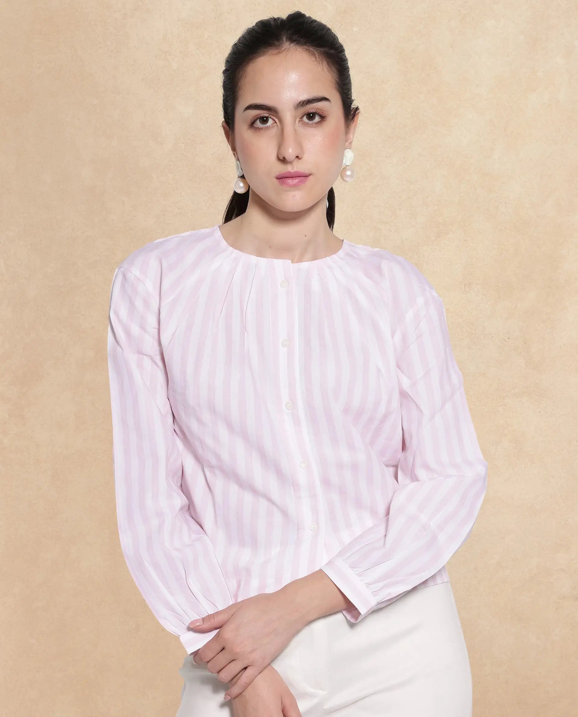 Rareism Women's Jayleon Pink Cotton Crew Neck Striped Cuffed Sleeve Regular Fit Top