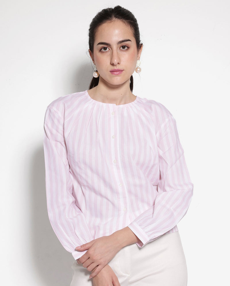 Rareism Women's Jayleon Pink Cuffed Sleeve Round Neck Button Narrow Stripes Top