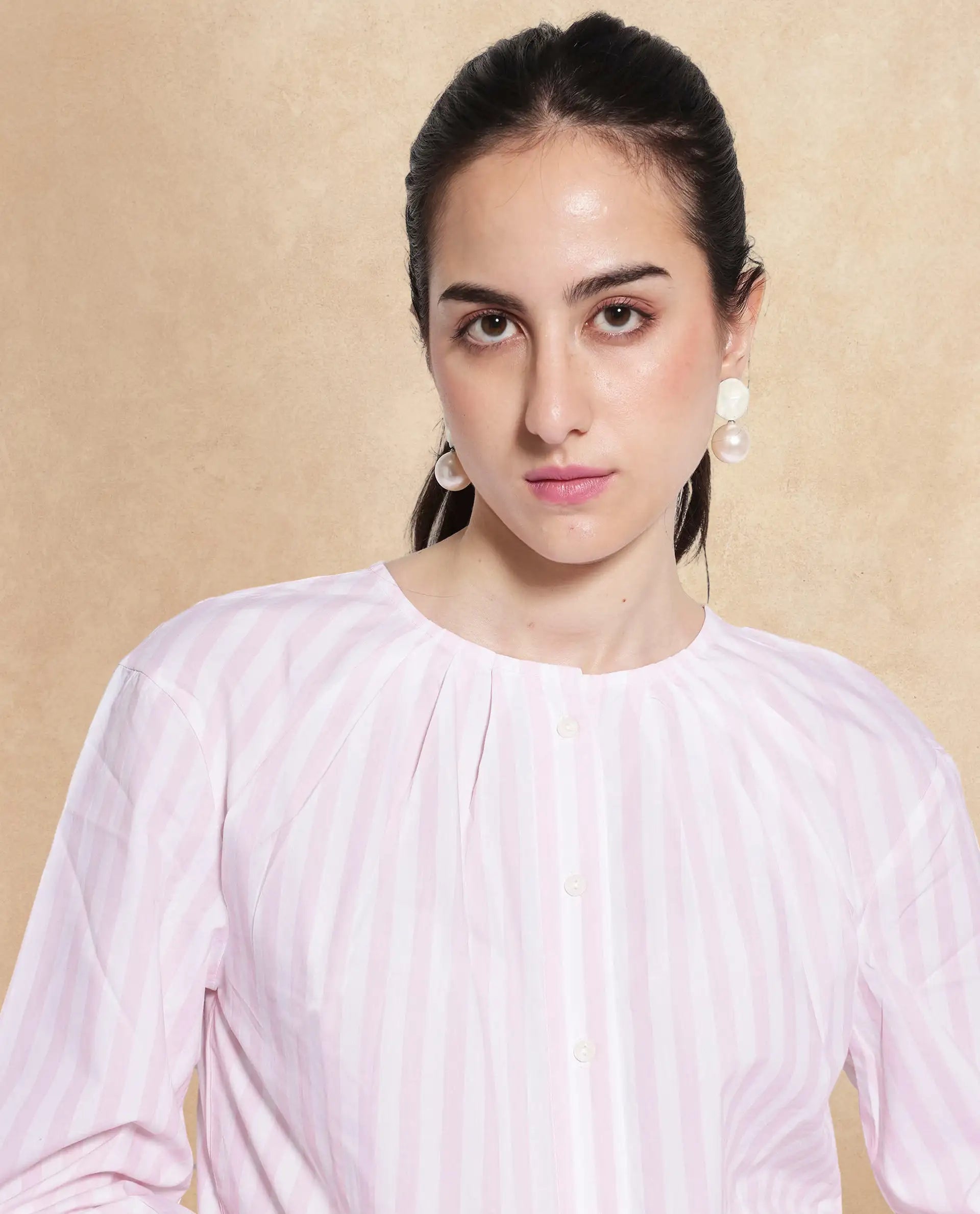 Rareism Women's Jayleon Pink Cotton Crew Neck Striped Cuffed Sleeve Regular Fit Top