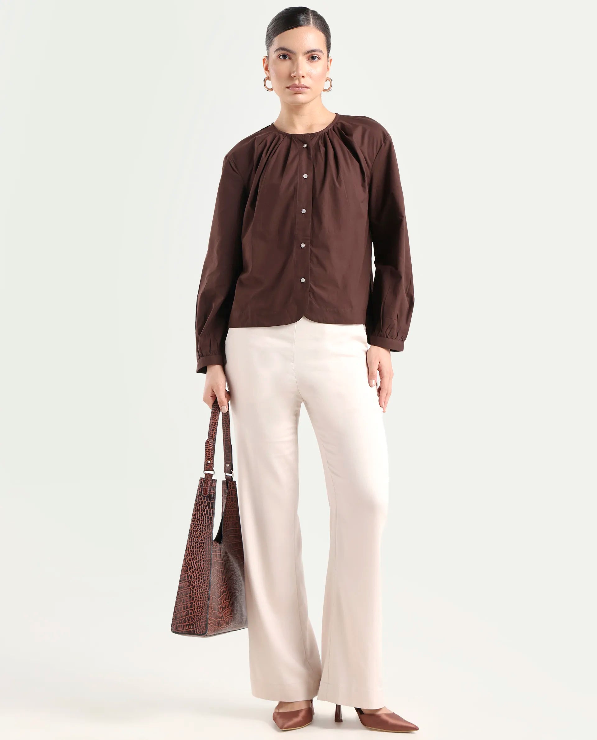 Rareism Women's Jaylo Brown Cotton Crew Neck Plain Cuffed Sleeve Regular Fit Top