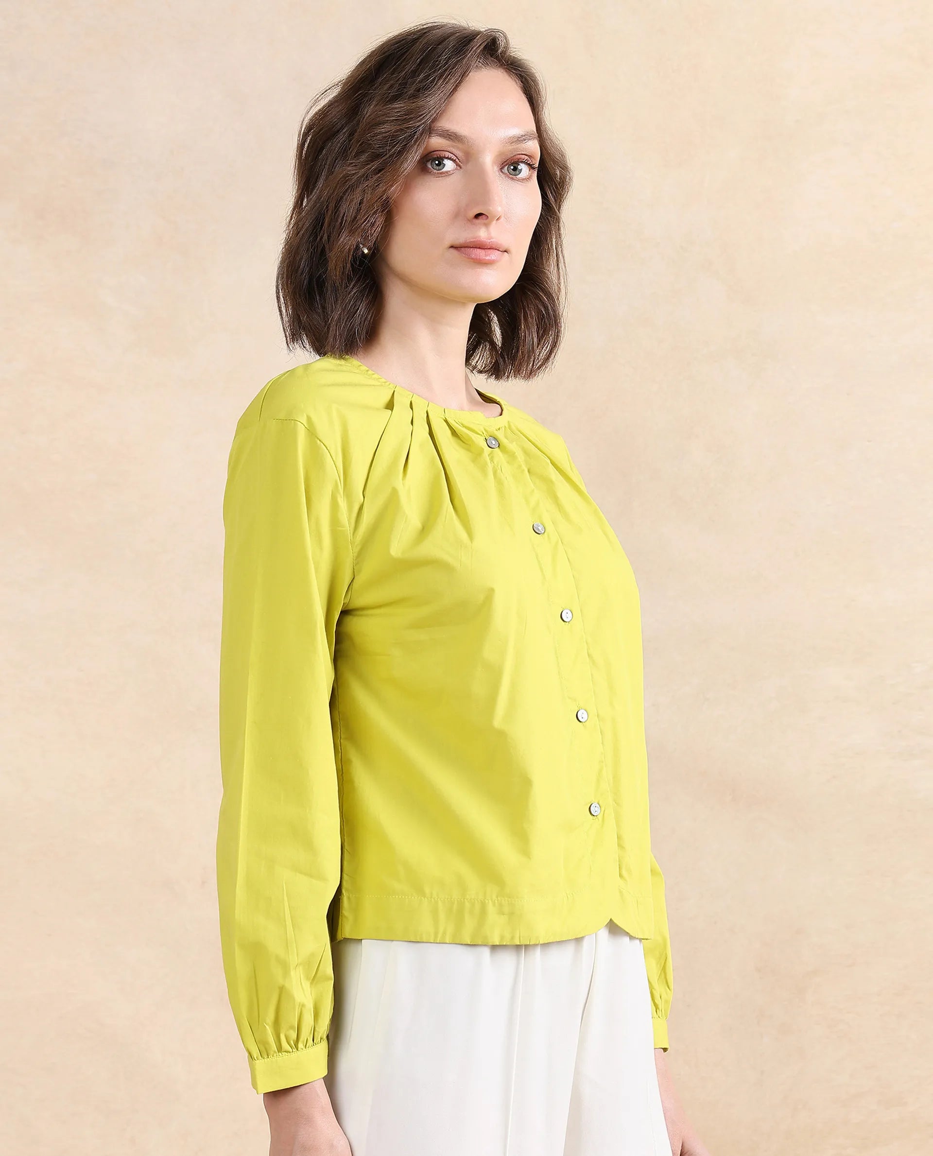 Rareism Women's Jaylo Green Cotton Crew Neck Plain Cuffed Sleeve Regular Fit Top