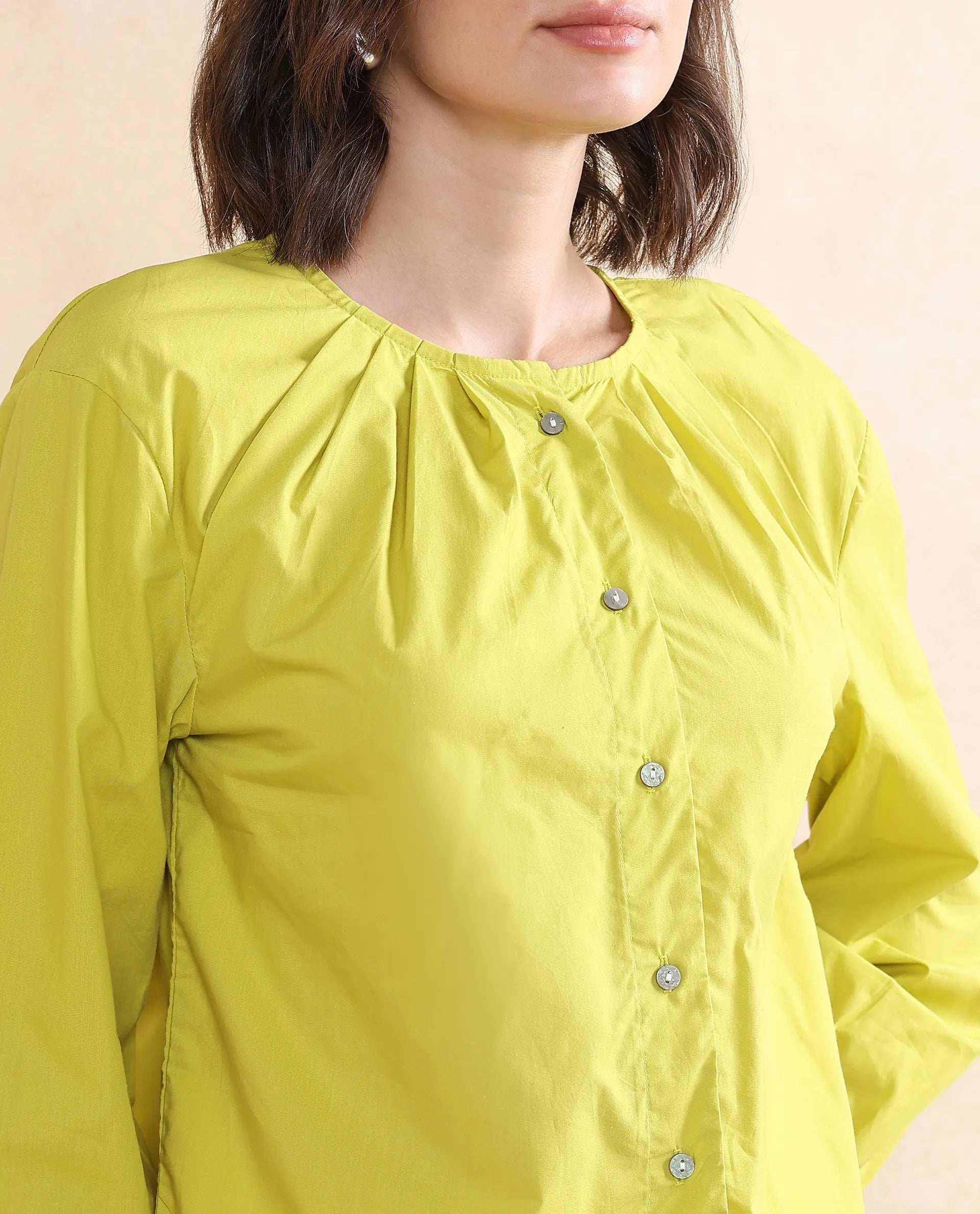 Rareism Women's Jaylo Green Cotton Crew Neck Plain Cuffed Sleeve Regular Fit Top