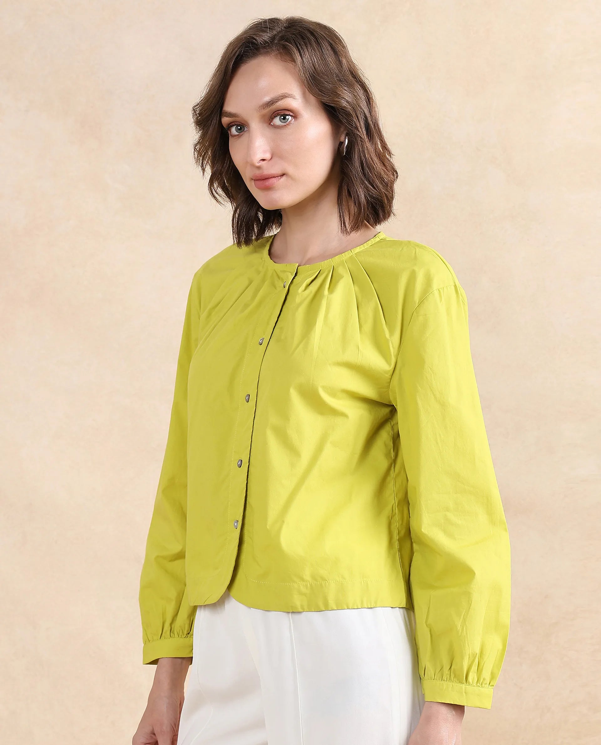 Rareism Women's Jaylo Green Cotton Crew Neck Plain Cuffed Sleeve Regular Fit Top