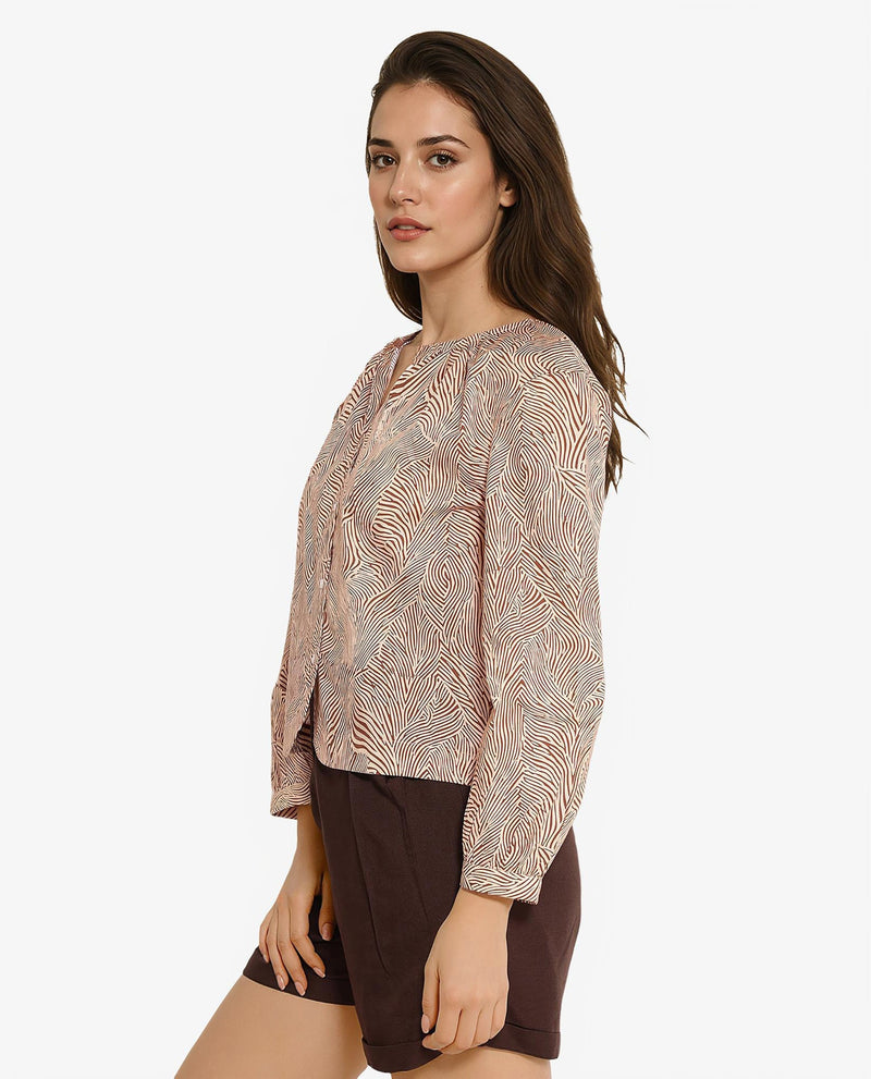 Rareism Women Jaylone Beige Cuffed Sleeve Round Neck Button Geometric Print Top