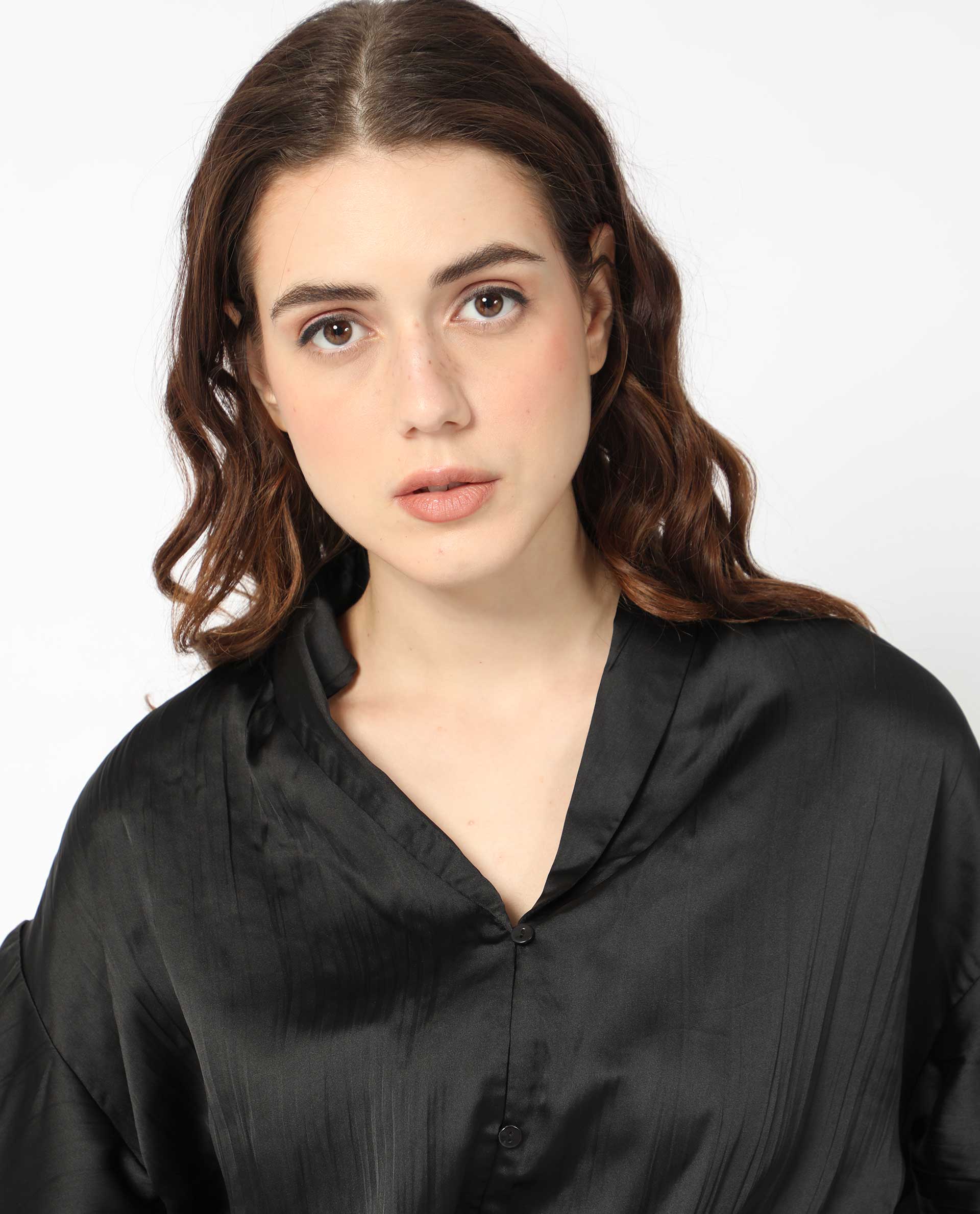 Rareism Women's Jedy Black Polyester Shawl Collar Plain Bell Sleeve Regular Fit Top