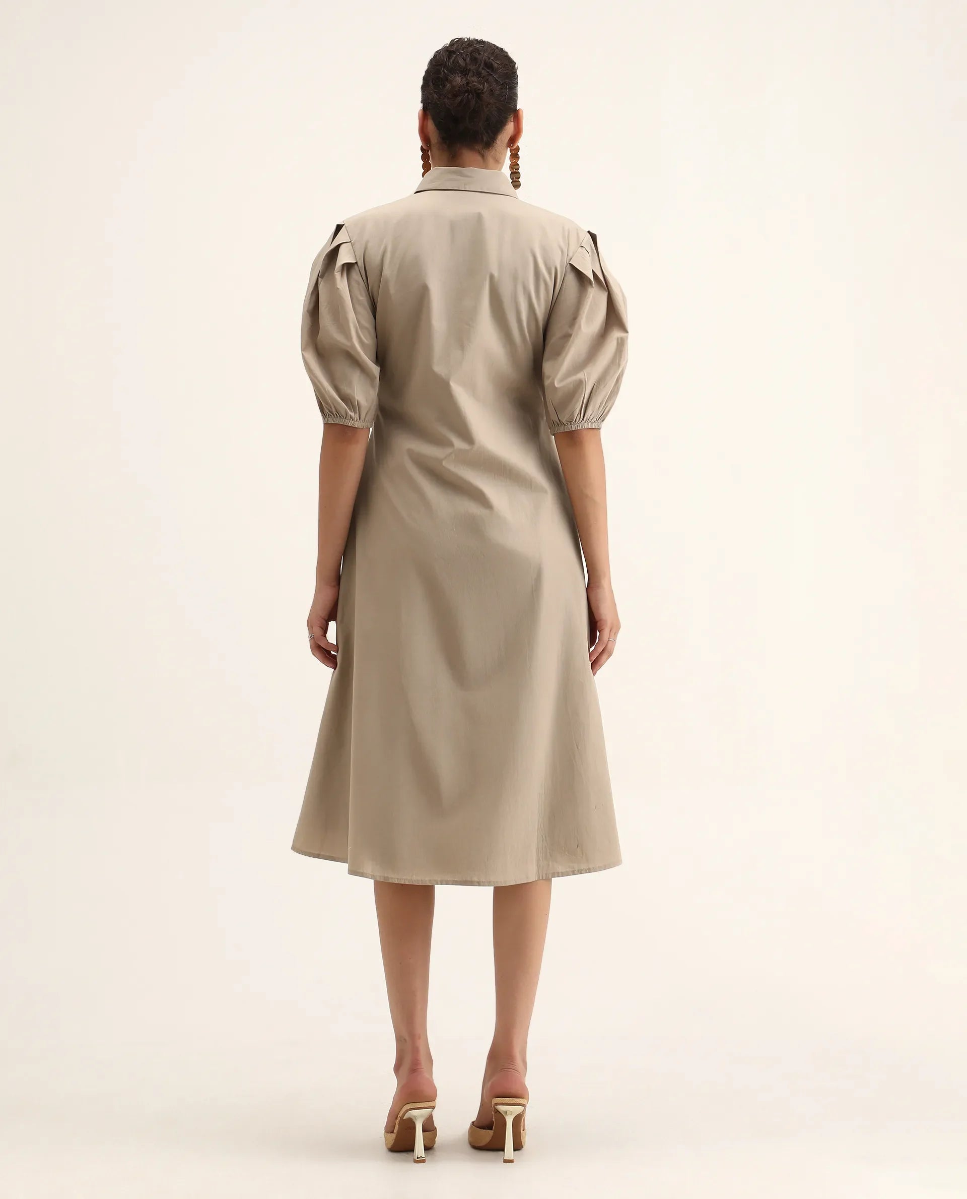 Rareism Women's Jembo Beige Cotton Collared Neck A-Line Geometric Print Midi Dress