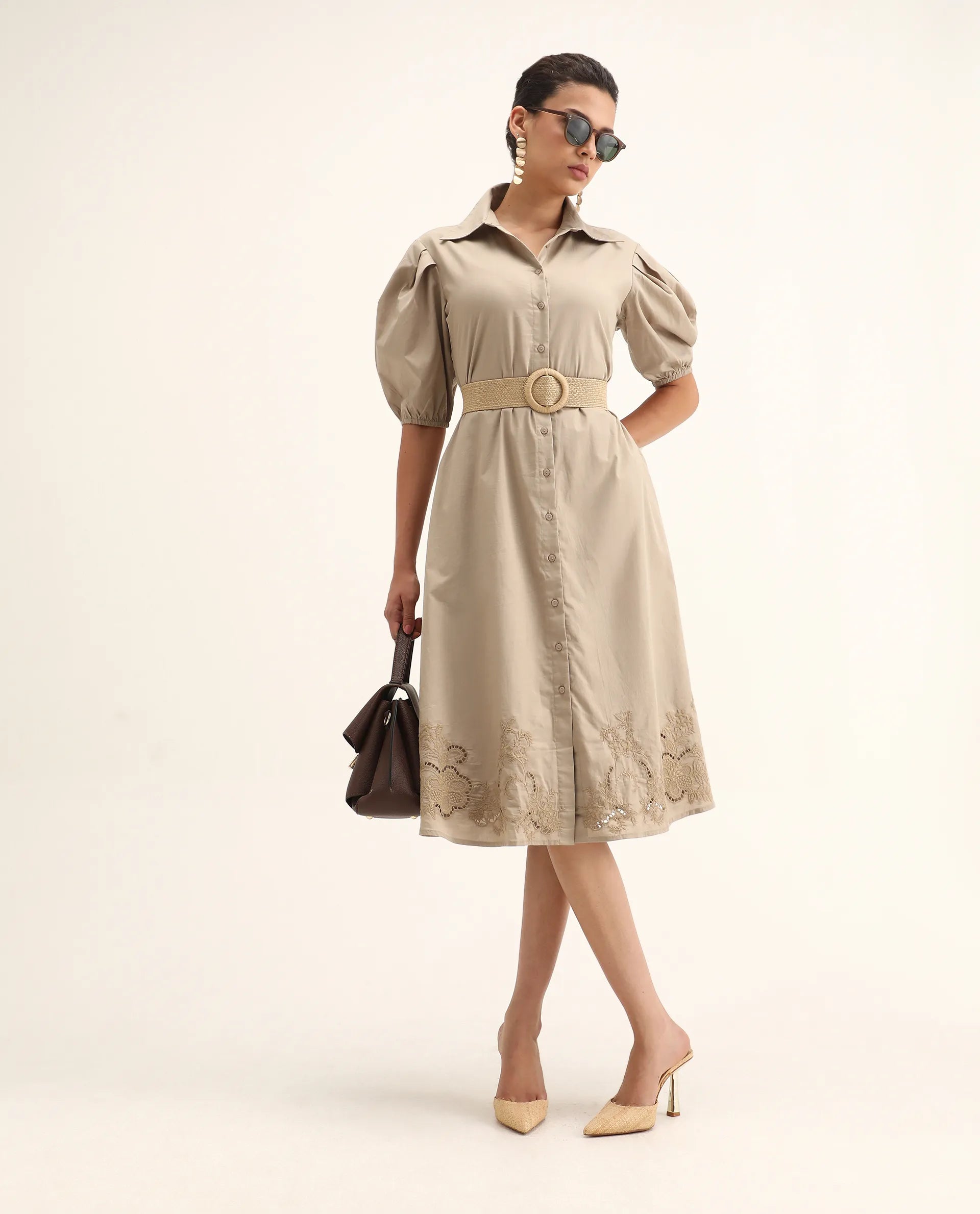 Rareism Women's Jembo Beige Cotton Collared Neck A-Line Geometric Print Midi Dress