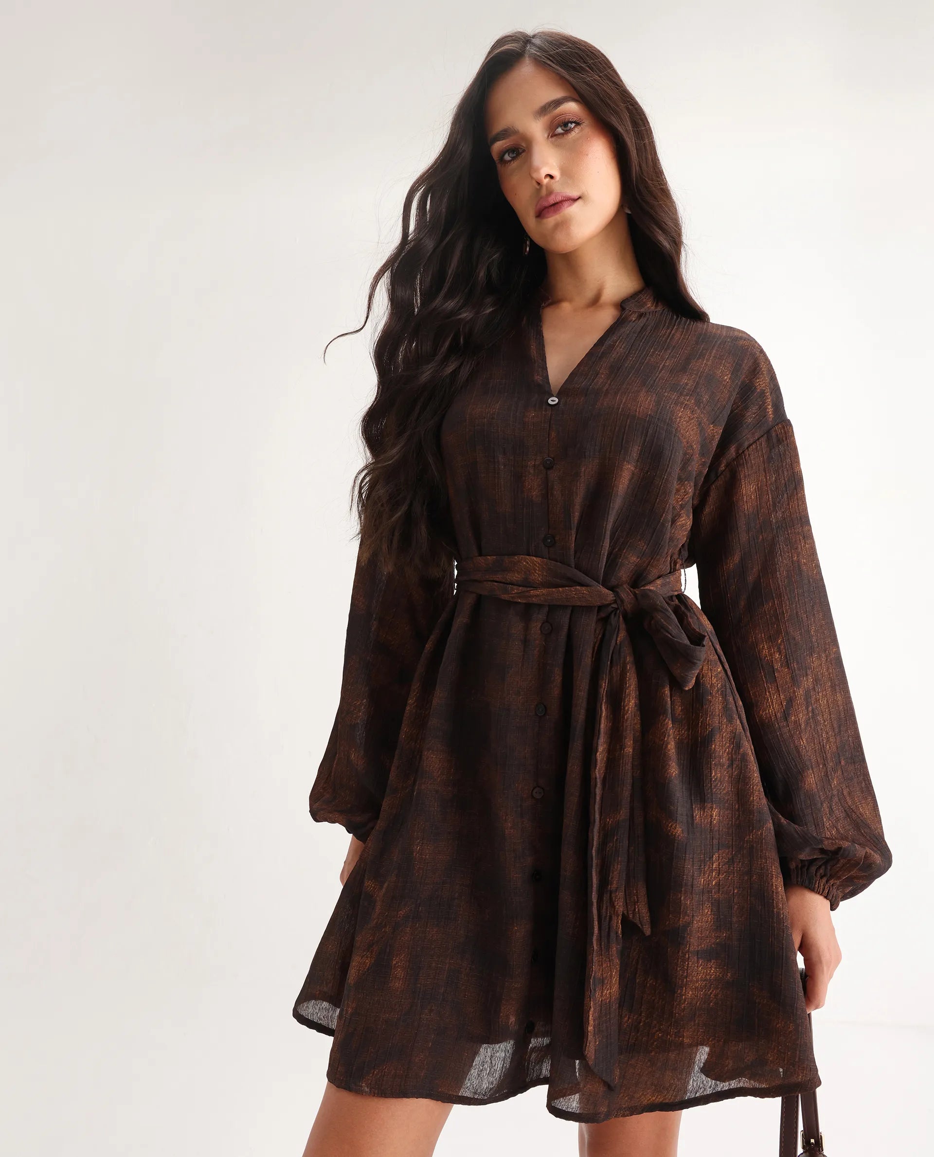 Rareism Women's Jemti Brown Polyester Mandarin Collar Flared Printed Dress