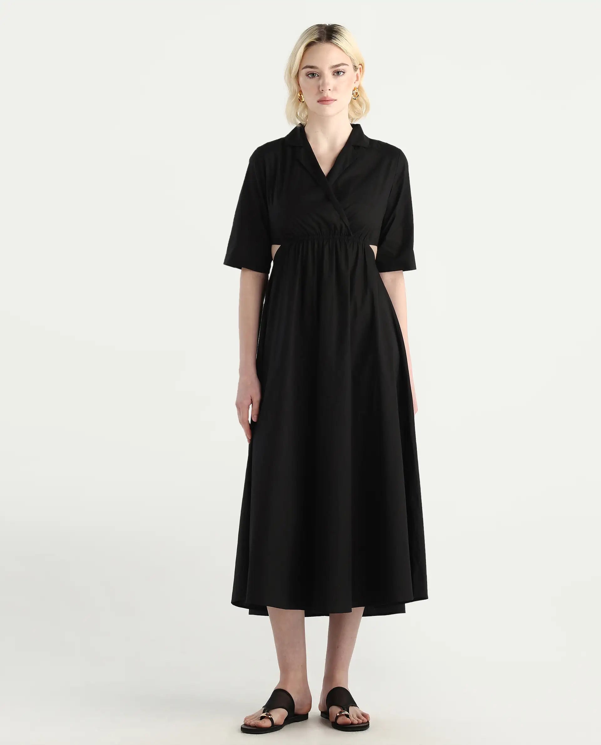 Rareism Women's Jenbo Black Cotton Lapel Neck A-Line Plain Dress