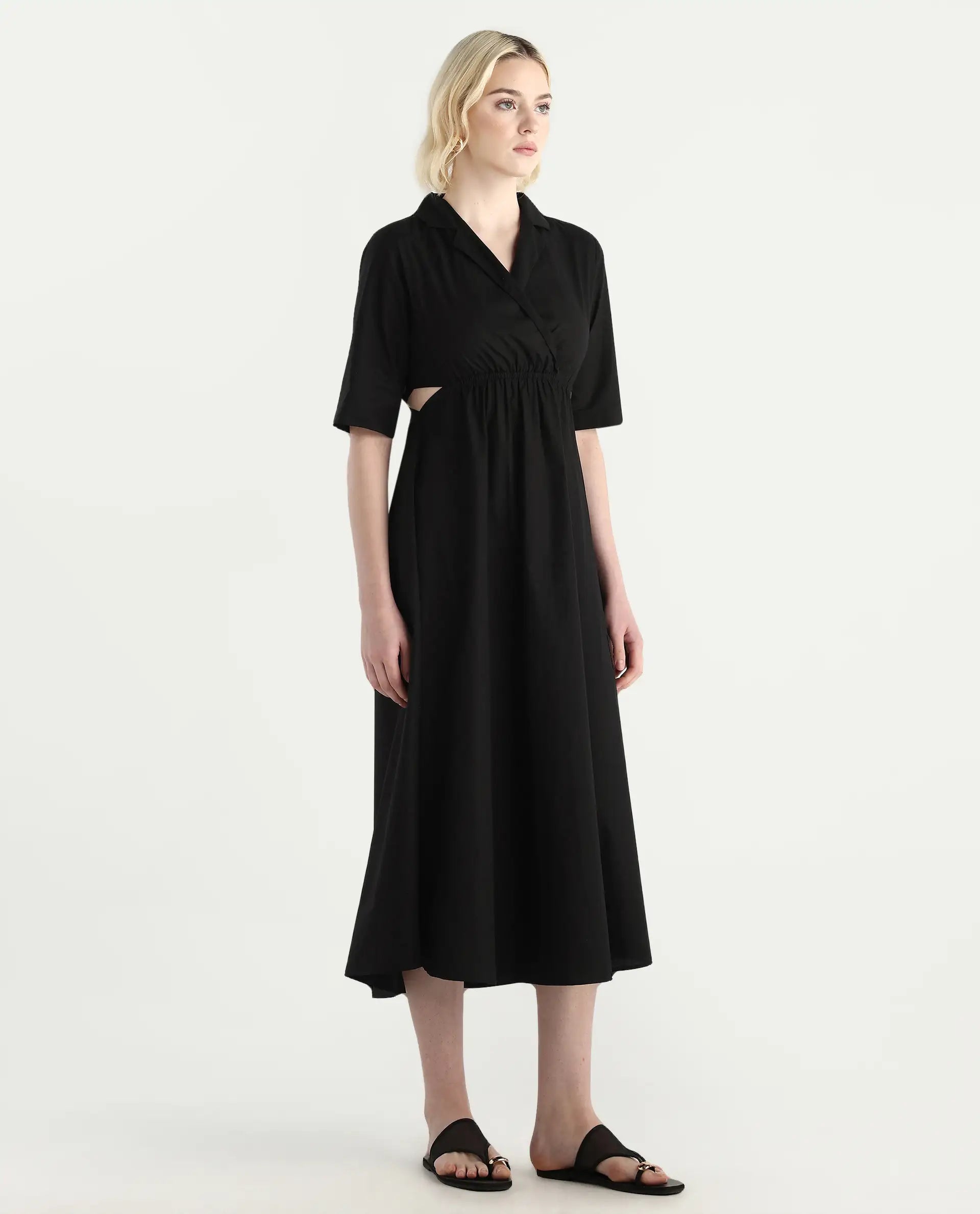 Rareism Women's Jenbo Black Cotton Lapel Neck A-Line Plain Dress