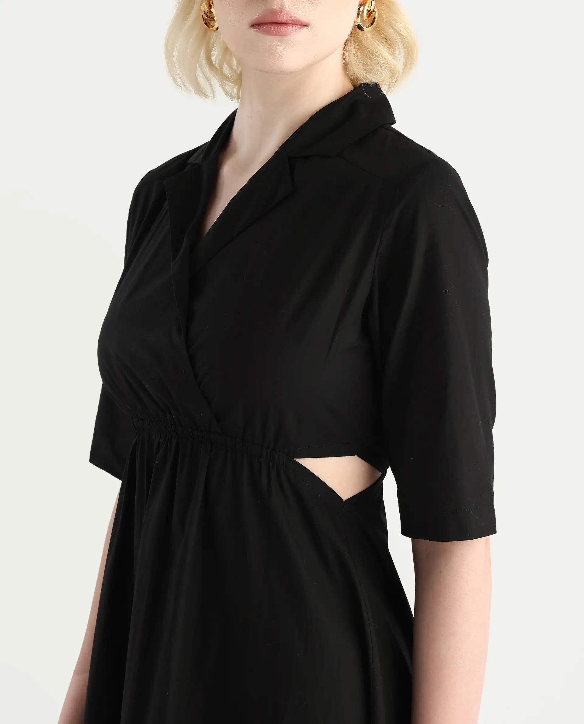 Rareism Women's Jenbo Black Cotton Lapel Neck A-Line Plain Dress