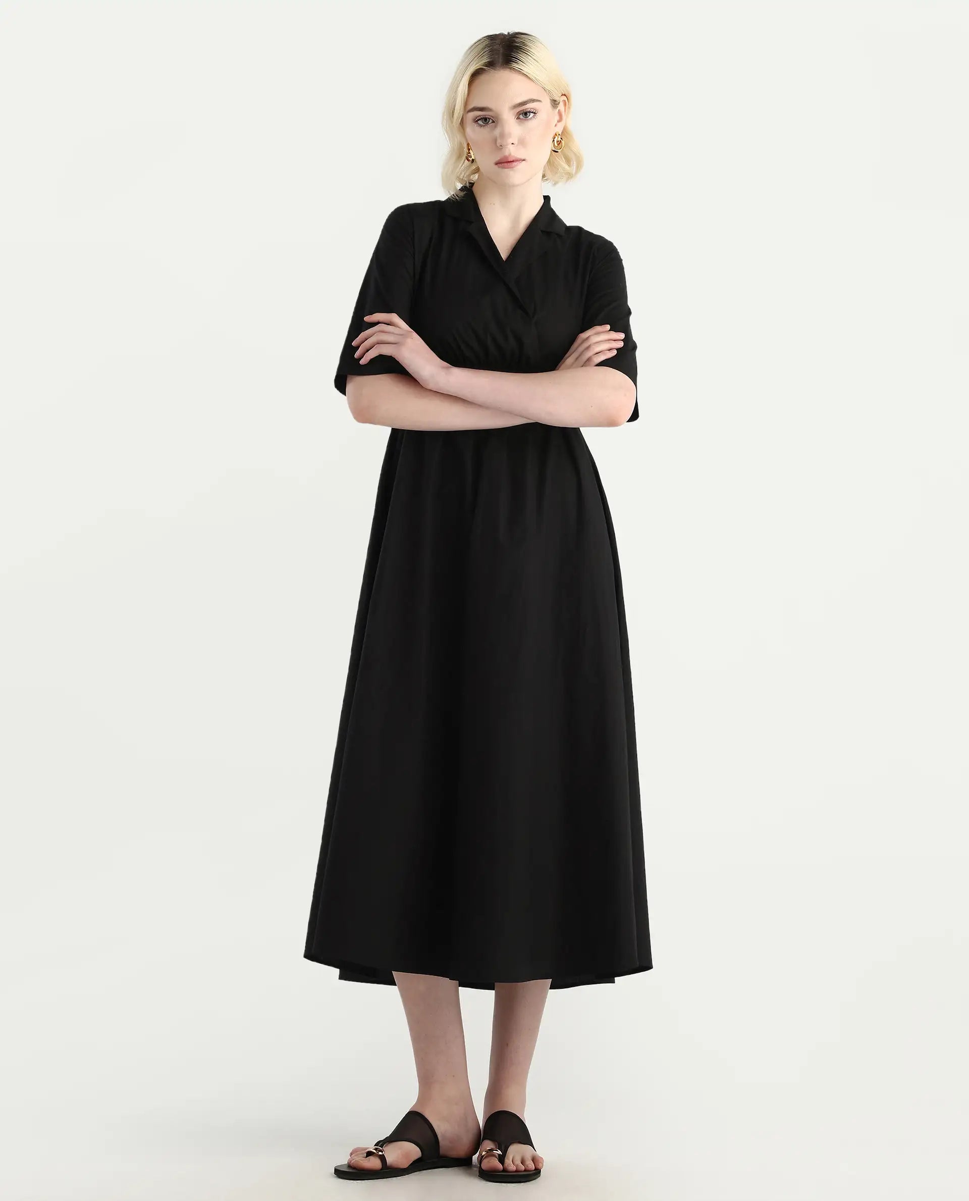 Rareism Women's Jenbo Black Cotton Lapel Neck A-Line Plain Dress