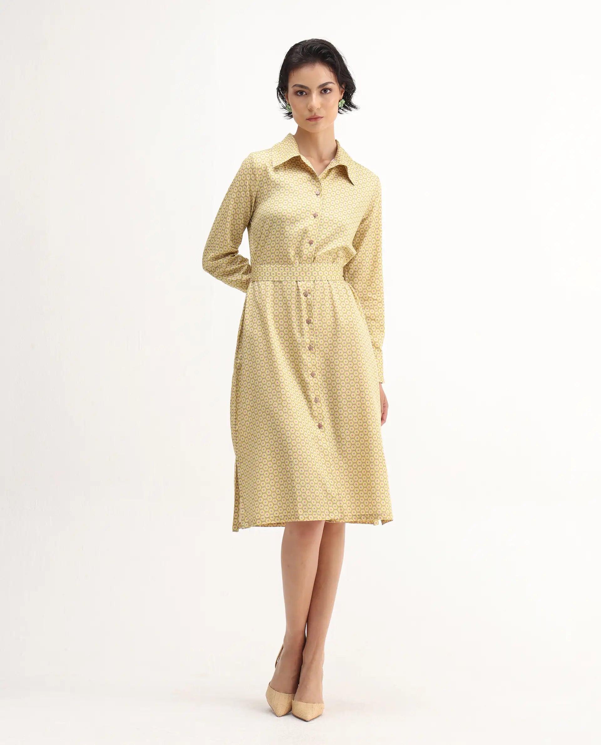 Rareism Women's Jenby Yellow Cotton Collared Neck Straight Fit Midi Dress