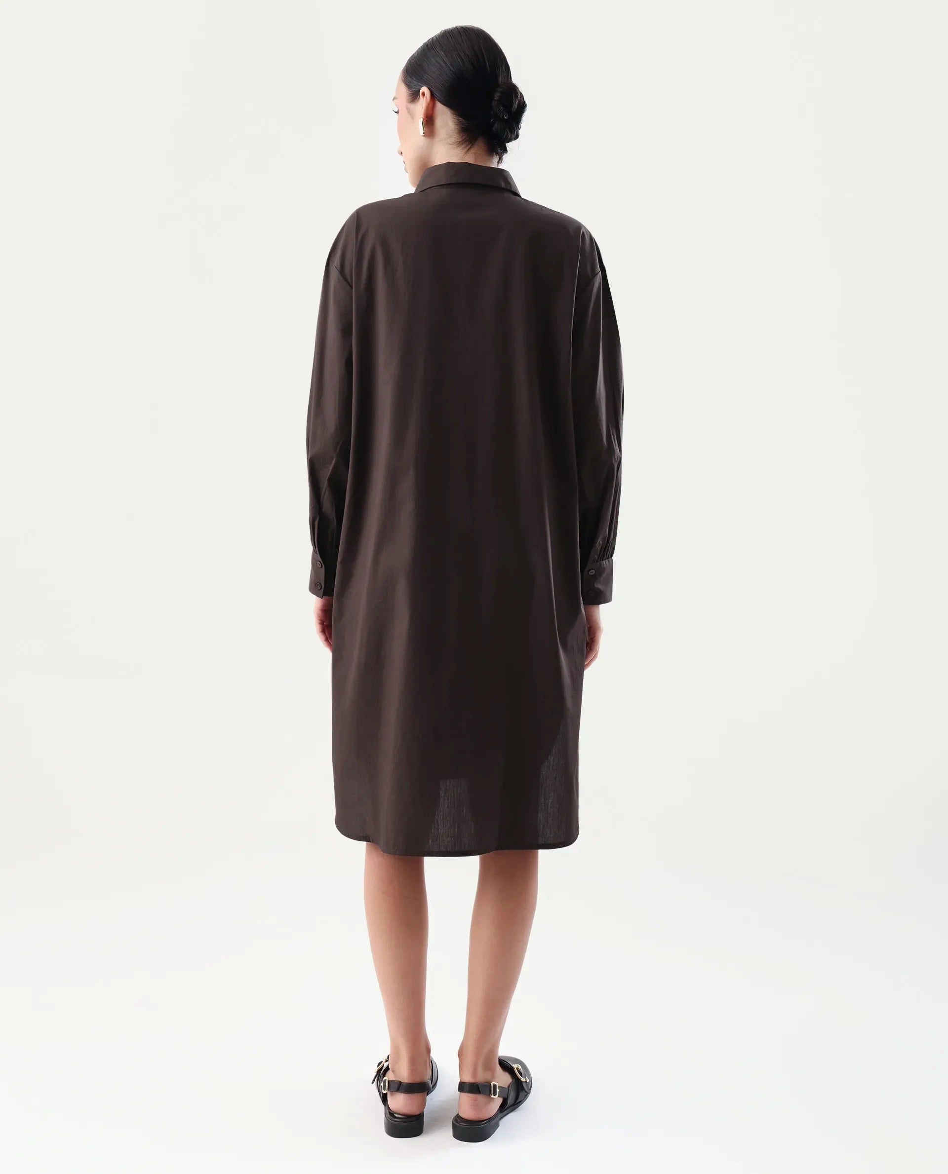 Rareism Women's Jencot Brown Cotton Collared Neck A-Line Plain Dress