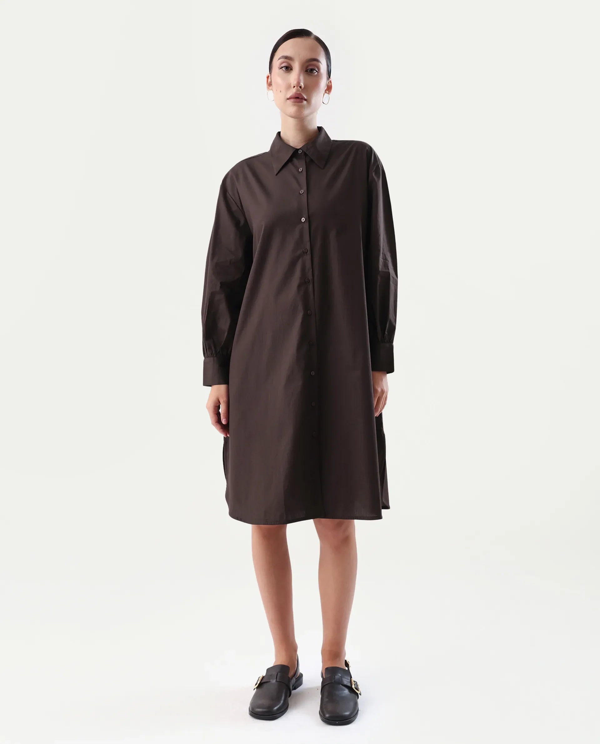Rareism Women's Jencot Brown Cotton Collared Neck A-Line Plain Dress