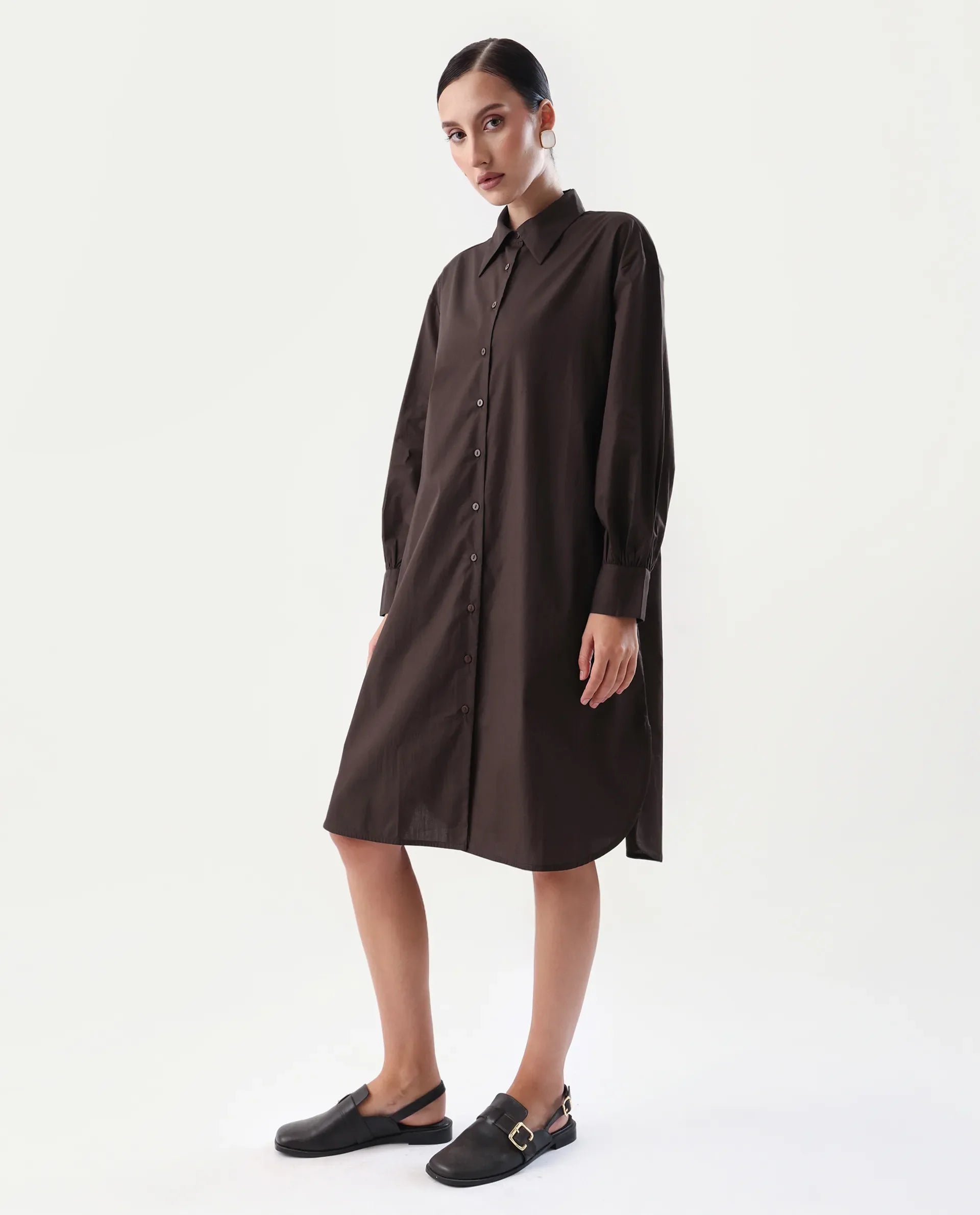 Rareism Women's Jencot Brown Cotton Collared Neck A-Line Plain Dress