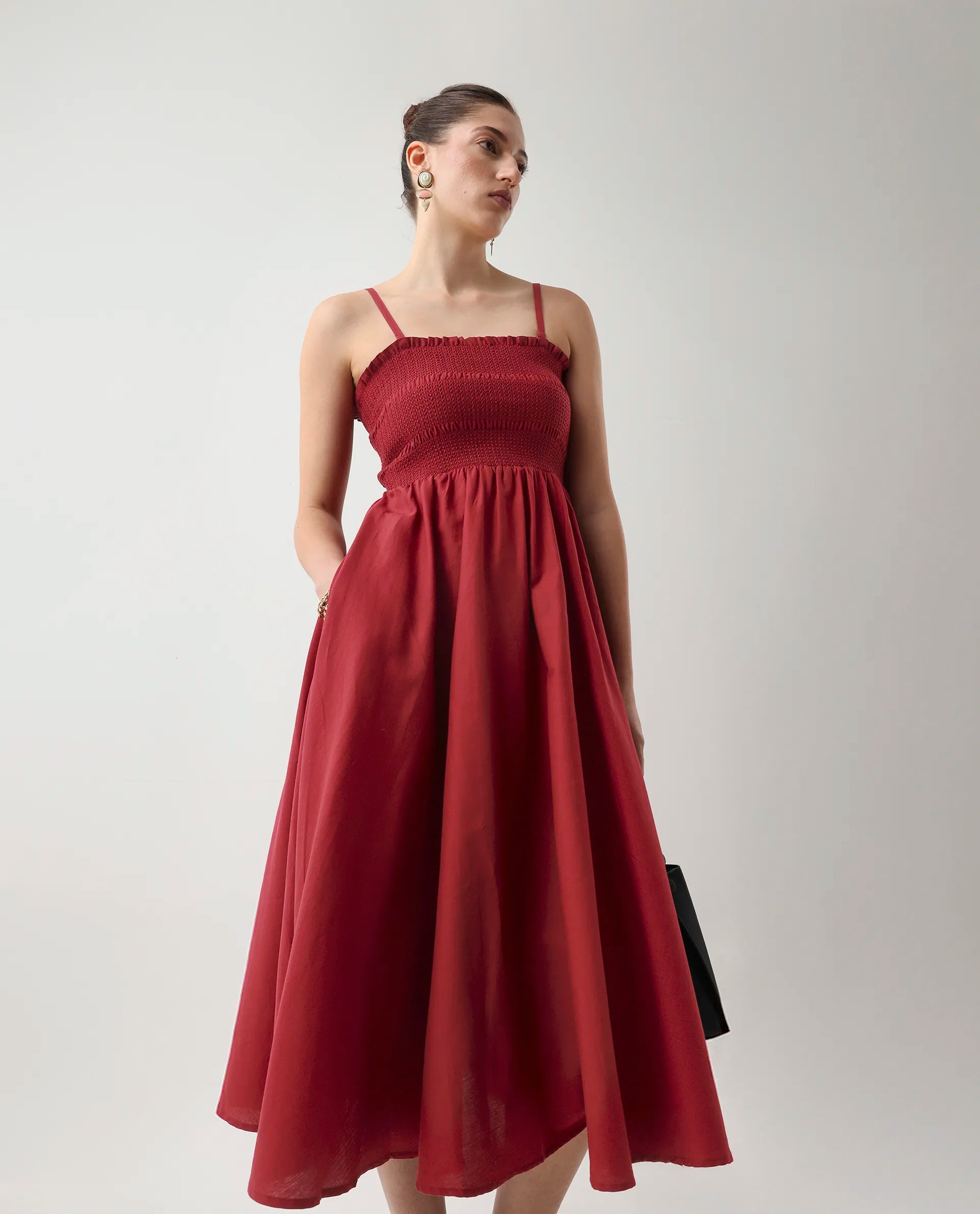 Rareism Women's Jendimo Dark Red Cotton Sleeveless Tube Neck Fit And Flare Fit Plain Midi Dress