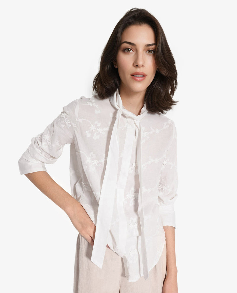 Rareism Women Jeneiro White Cotton Fabric Cuffed Sleeves Tie Up Neck Plain Shirt