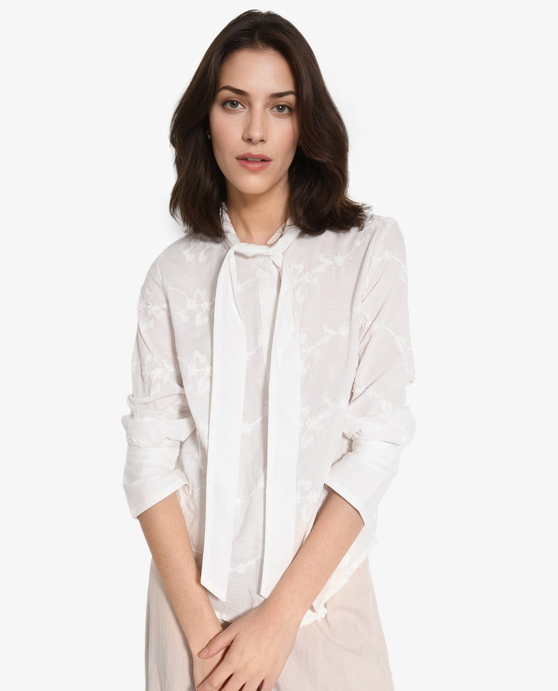 Rareism Women Jeneiro White Cotton Fabric Cuffed Sleeves Tie Up Neck Plain Shirt