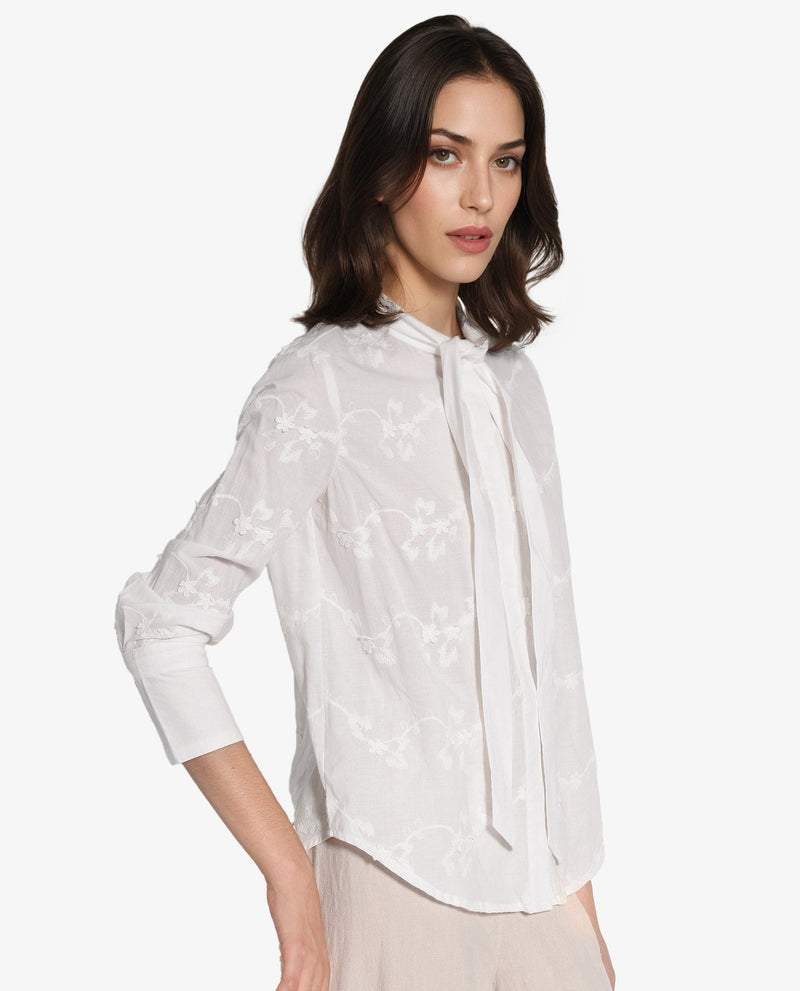 Rareism Women Jeneiro White Cotton Fabric Cuffed Sleeves Tie Up Neck Plain Shirt