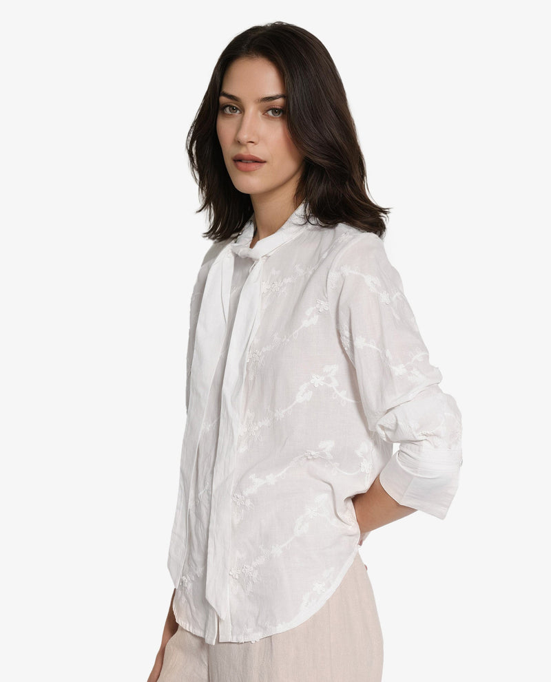 Rareism Women Jeneiro White Cotton Fabric Cuffed Sleeves Tie Up Neck Plain Shirt